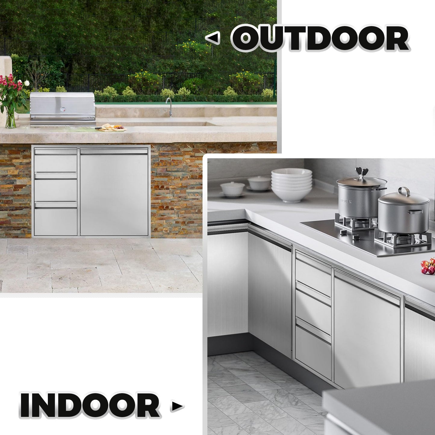 POPMOON Outdoor Kitchen Drawer Combo with Triple Drawers & Trash Bin Compartment | Includes 2X 20L Trash Cans | Outdoor Kitchen Access Drawers for Grill Station, 28" W x 22" H x 19" D