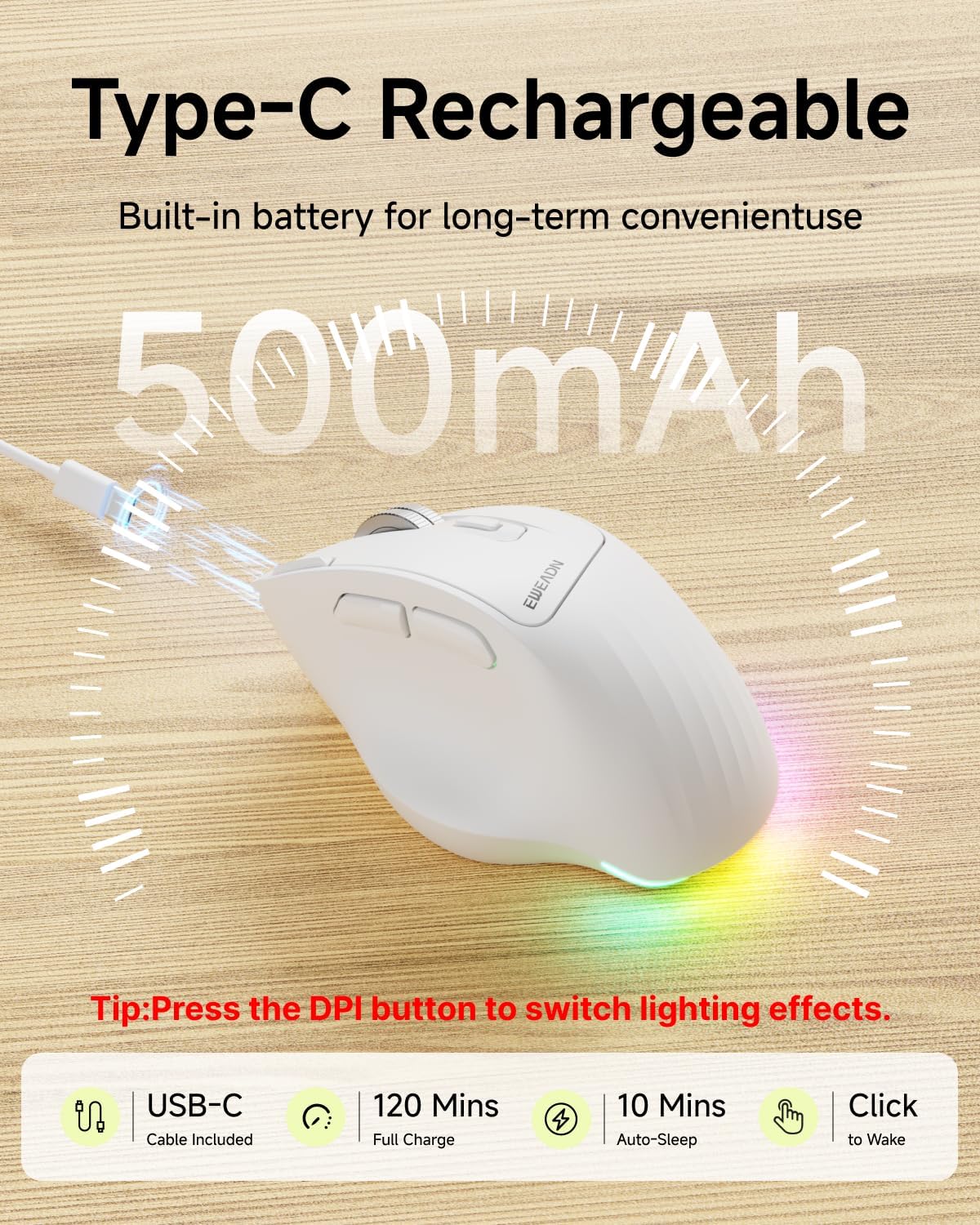 EWEADN C2 2.4G 5 4000 Ergonomic Wireless Mouse, Rechargeable Bluetooth & Dual Mode Computer Mouse with RGB, Quiet