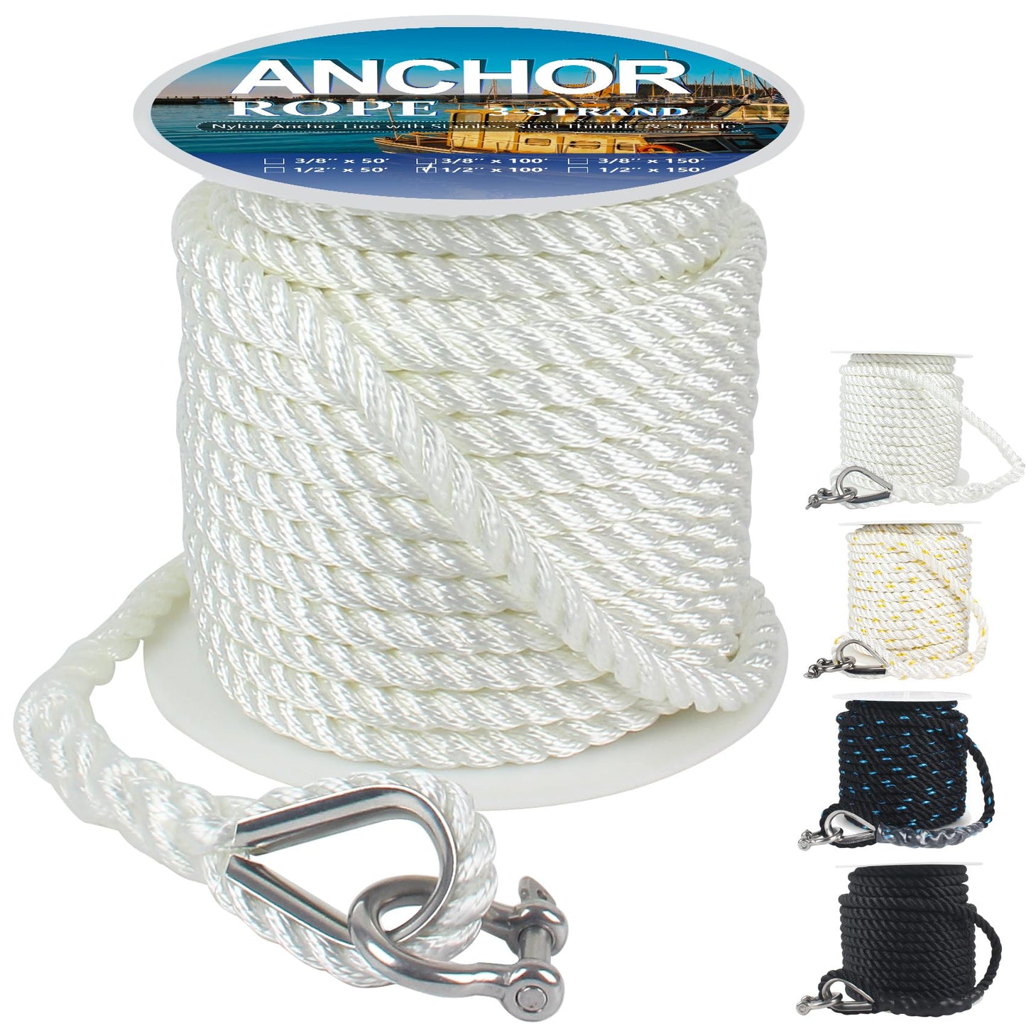 Anchor Rope 100 ft X 1/2 inch, 3-Strand Twisted Nylon Anchor Line, Boat Rope with Stainless Steel Thimble and Shackle for Boating, Anchoring, Mooring,Pulling (White)
