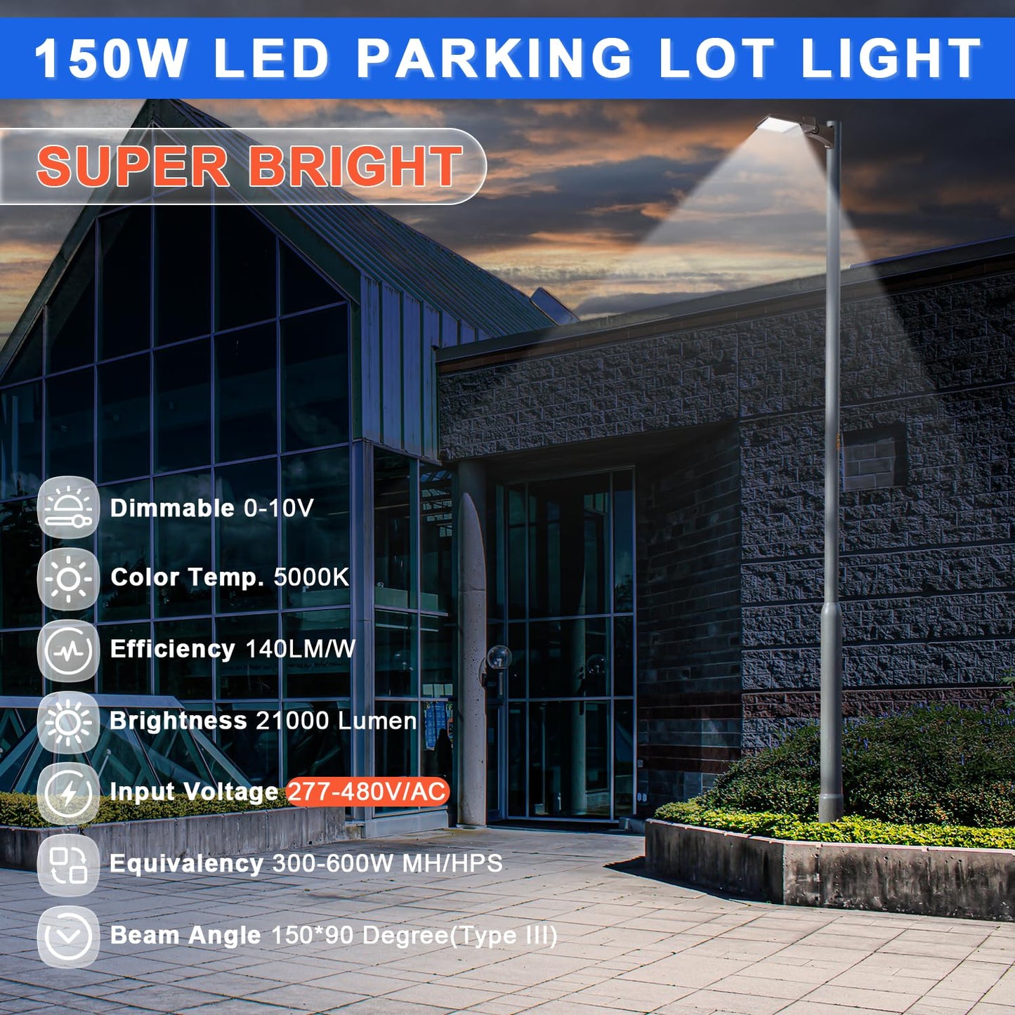 480V 150W LED Parking Lot Light, 5000K 21000LM [Eqv. 600W HPS] LED Shoebox Light with Direct Arm Mount, Dimmable Outdoor Street Area Lighting, IP65 10KV Surge Protection, AC277-480V