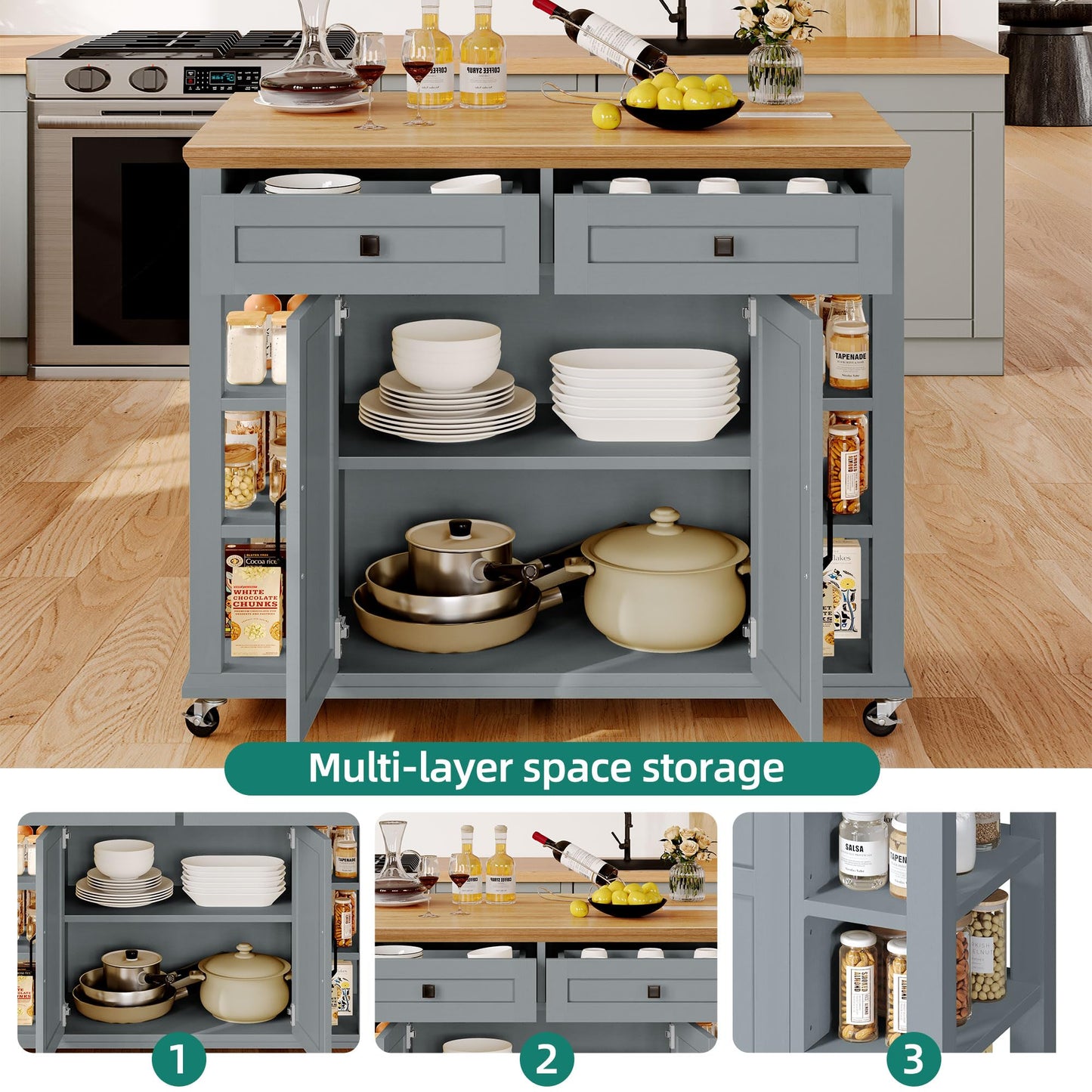 YITAHOME Kitchen Island with Drop Leaf & Power Outlet, Rolling Kitchen Cart on Wheels, Americana Kitchen Island Cabinet with Open Shelves for Kitchen Dining Room, Thicker Rubberwood Top, Grey Blue