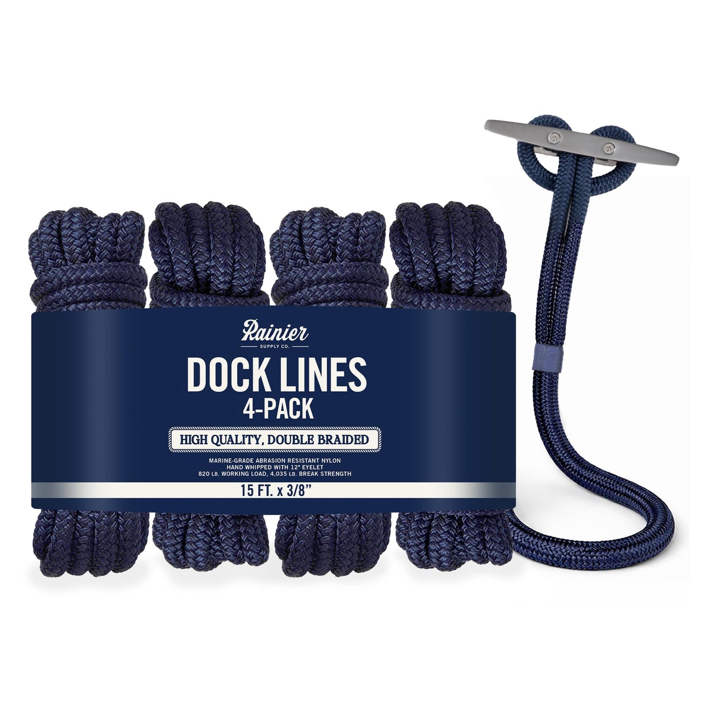 RainierSupplyCo Dock Lines 1, 2 & 4 Pack - Boat Rope for Docking with Loop - Premium Double Braided Nylon Marine Rope - Mooring Line with Eyelet - Boat Accessories