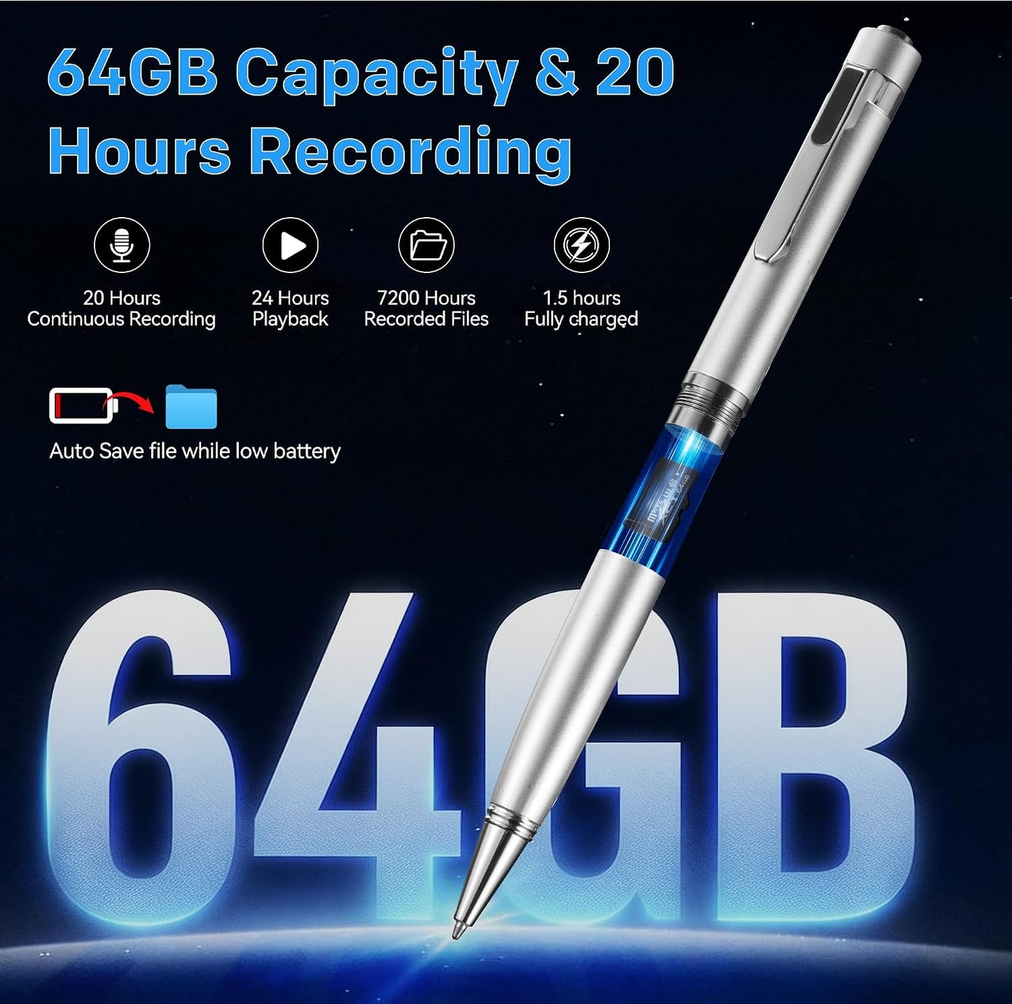 Sanova 64GB Voice Recorder with Playback: Digital Recording Device with Intelligent Noise Reduction for Meetings |