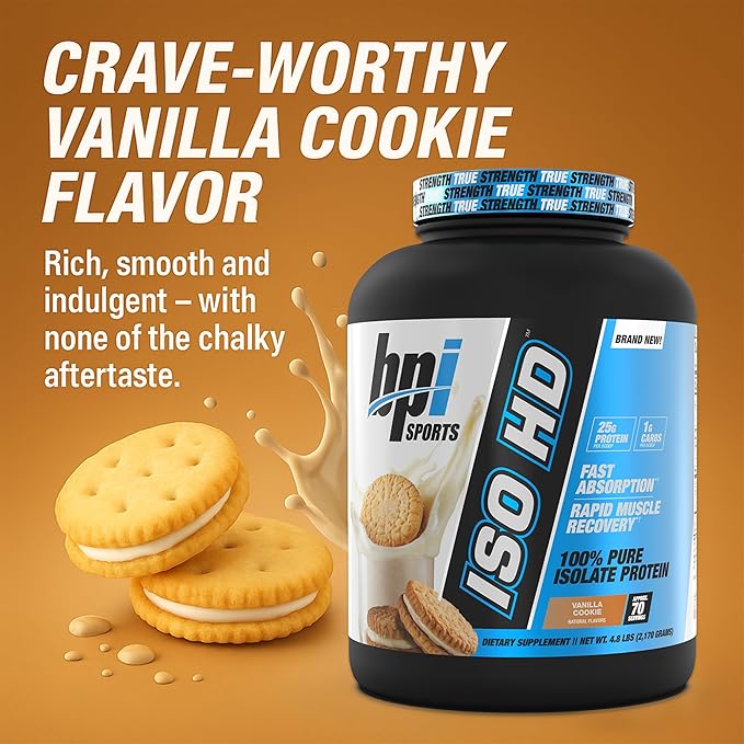 BPI Sports ISO HD Isolate Protein Powder ??100% Whey Isolate, Protein Powder for Muscle Gain - Vanilla Cookie, 4.8 LBS - 70 Servings