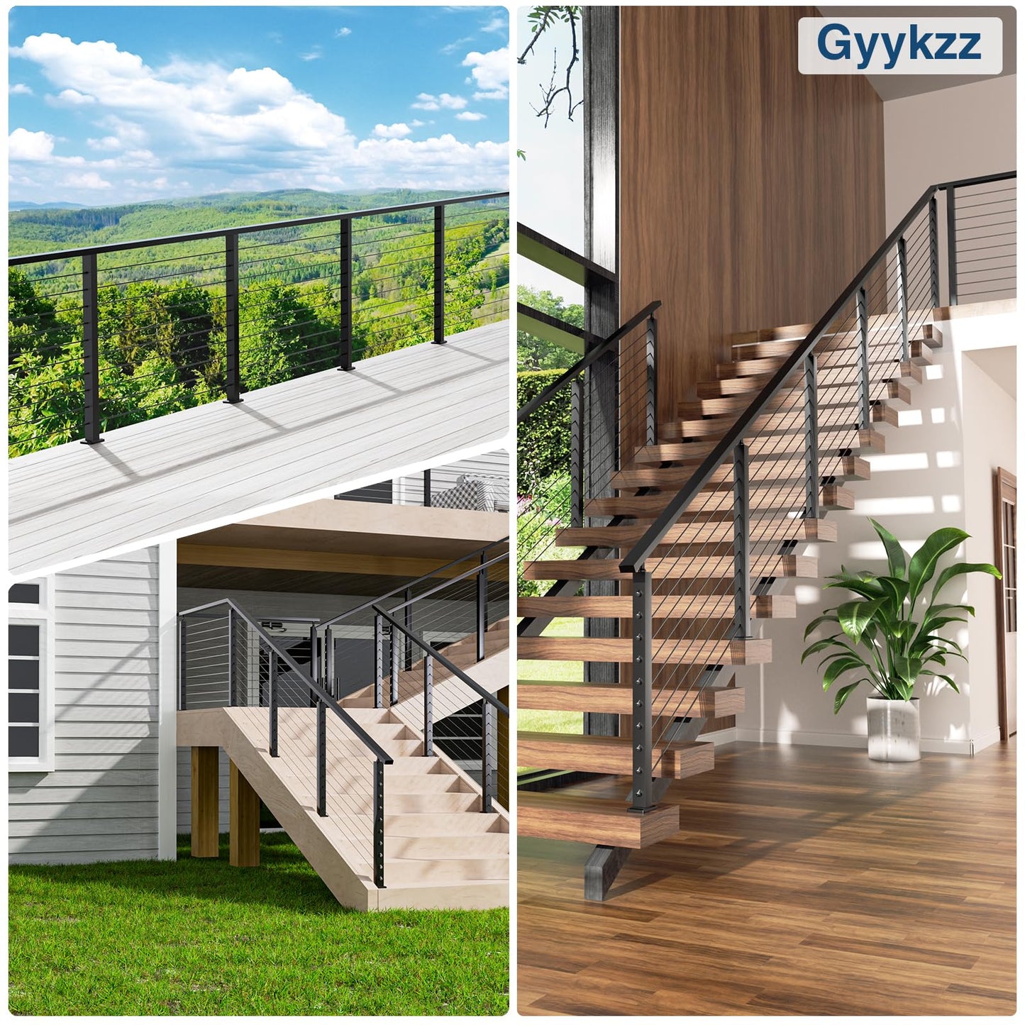 Gyykzz 6FT Stainless Steel T304 Handrail Black, 3 Pack Rectangular Cable Railing Handrail Flat Deck Top Rail with Nylon End Caps for Indoor Outdoor Deck Stair Cable Railing System DIY Balustrade