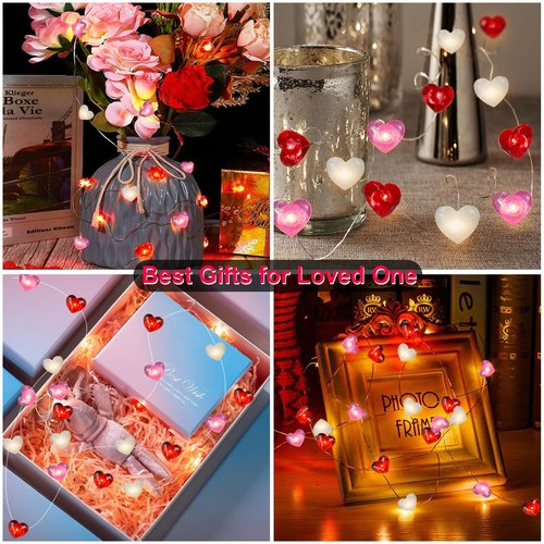 Mothers Day Decorations Lights 2 Pack Total 28FT 80LED Red Pink White Heart Fairy String Lights Battery Operated Timer 8 Modes Gifts for Mom Women Home Indoor Wedding Valentines Mother's Day Decor