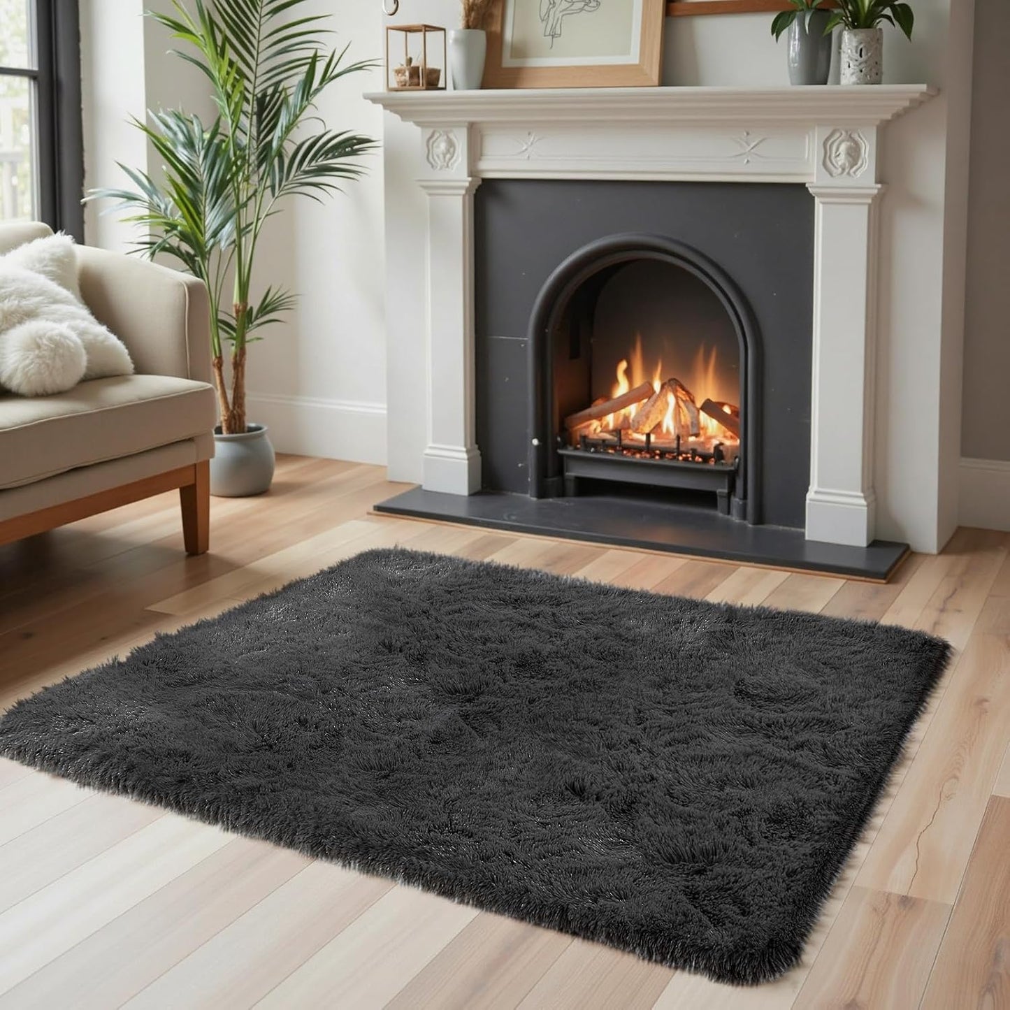 Small Area Rug - Modern Shag 2x3 Feet Black Bedroom Mat | Fluffy Carpet for Dorm Room Decor