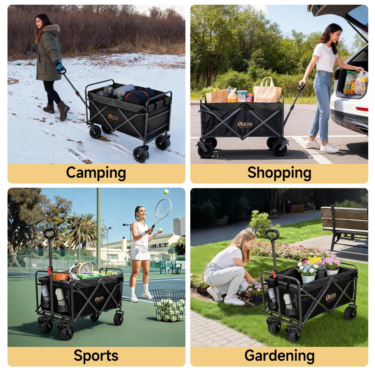 QEZER56 Large Collapsible Folding Wagon with Tailgate and Brake, 600LBS Heavy Duty Utility Cart, 250L Large All-Terrain Beach Wagon for Camping Garden Shopping Grocery Sports (Black, 250L)