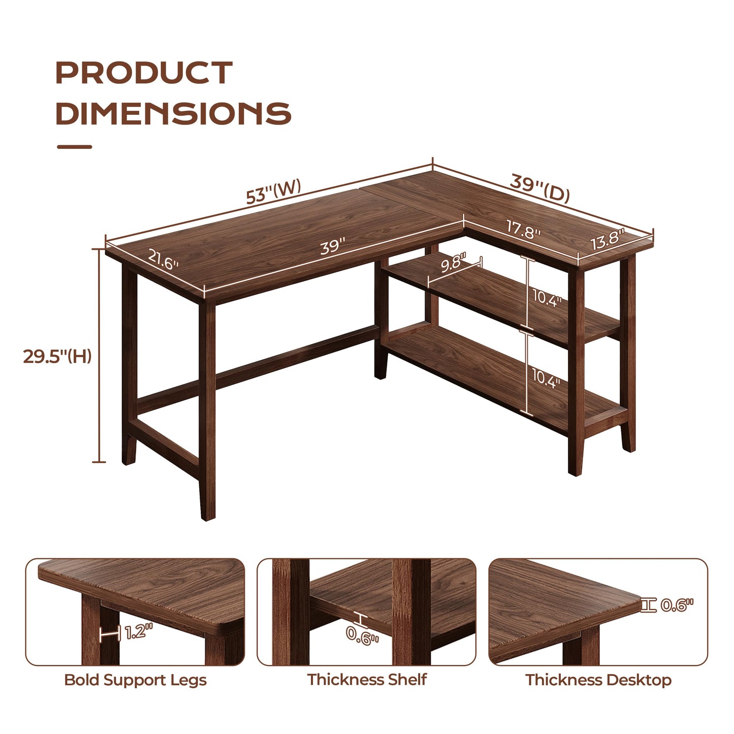 IOTXY Reversible L-Shaped Office Desk - 53" Modern Corner Computer Table with Storage Shelves, Solid Wood Legs, Home Writing & Study Workstation, Walnut