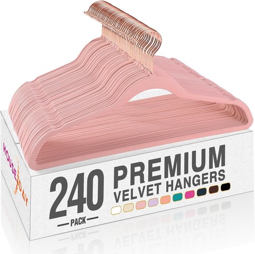 HOUSE DAY Velvet Hangers - Premium Non-Slip Clothes Hangers in Light Pink | 240 Pack, 360° Rotating Hook