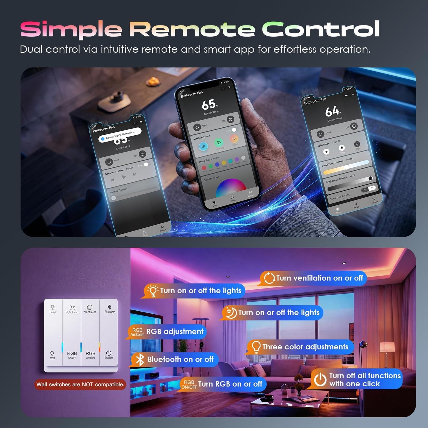 BSEED Wifi Smart Bathroom Exhaust Fan with Light, Bluetooth Speaker & Humidity Sensor, 230 CFM 1.5 Sone, 7 RGB Modes & 3CCT Adjustable Light & Nightlight, Music Sync, App/Remote Control, Easy Install