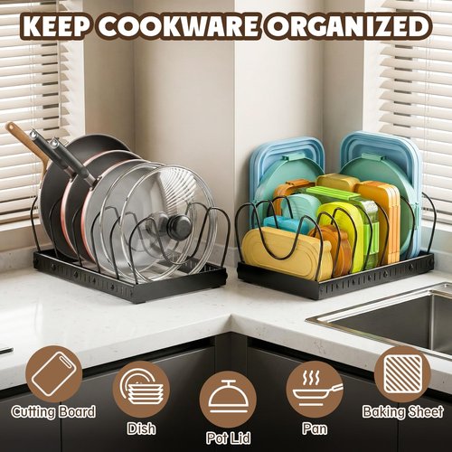 2PACK Pot Lid Organizers Inside Cabinet for Kitchen, Pots and Pans Organizer Under Cabinet with 16 Adjustable Dividers, Countertop Lid Holder, Rust-Resistant, Tool-Free Installation, Easy to Clean