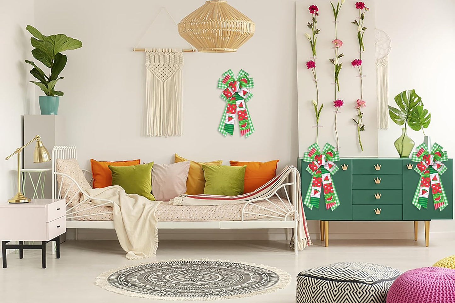 ABTOLS Large Summer Bows - Green White Buffalo Plaid & Watermelon Design | Perfect for Wreaths & Decor