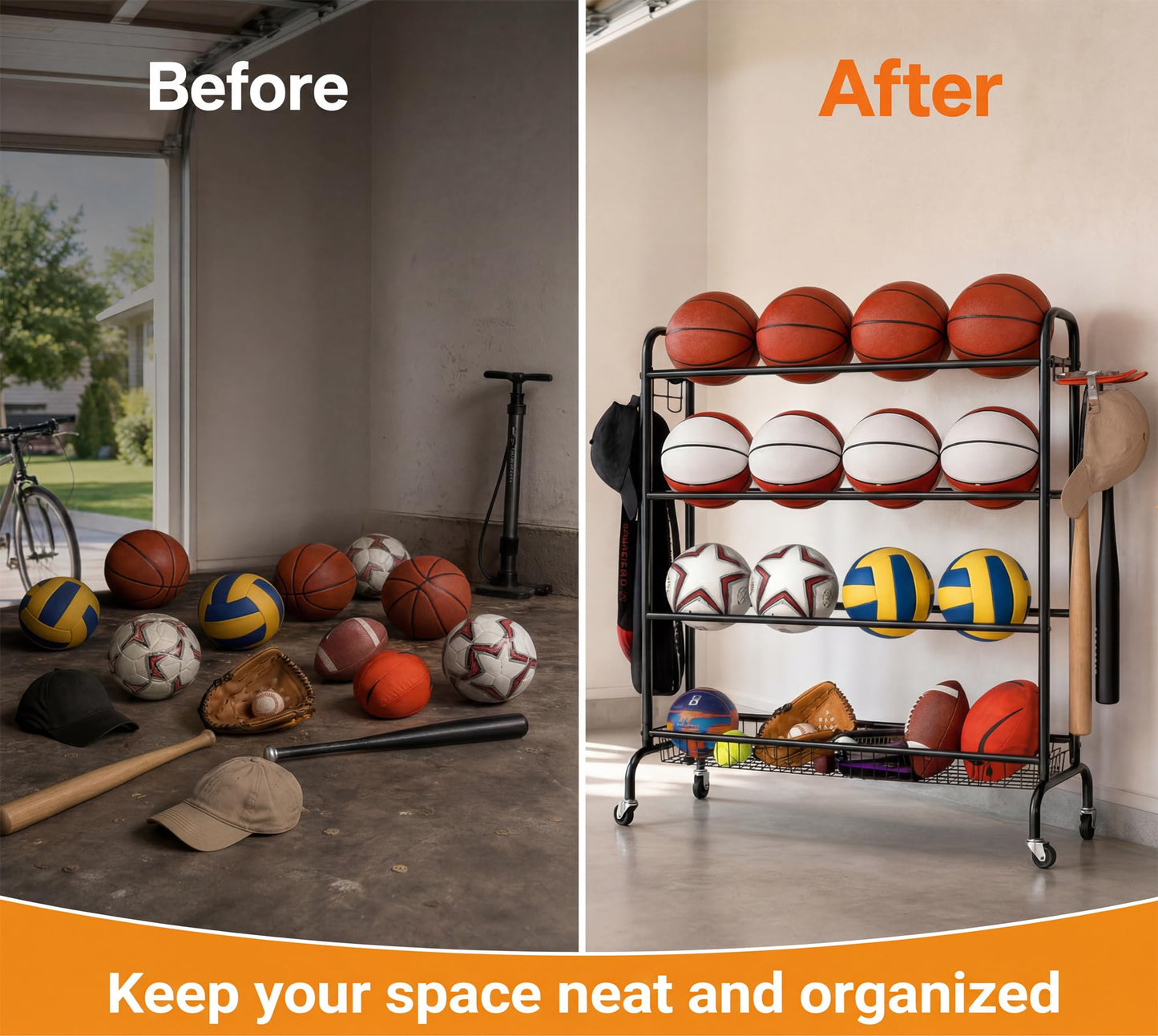 EXTCCT Basketball Rack, Outdoor Rolling Basketball Shooting Training Stand,Sports Equipment Storage with Wheels, Garage Four-layer ball Holder With Two Basket For Basketballs Footballs Volleyball