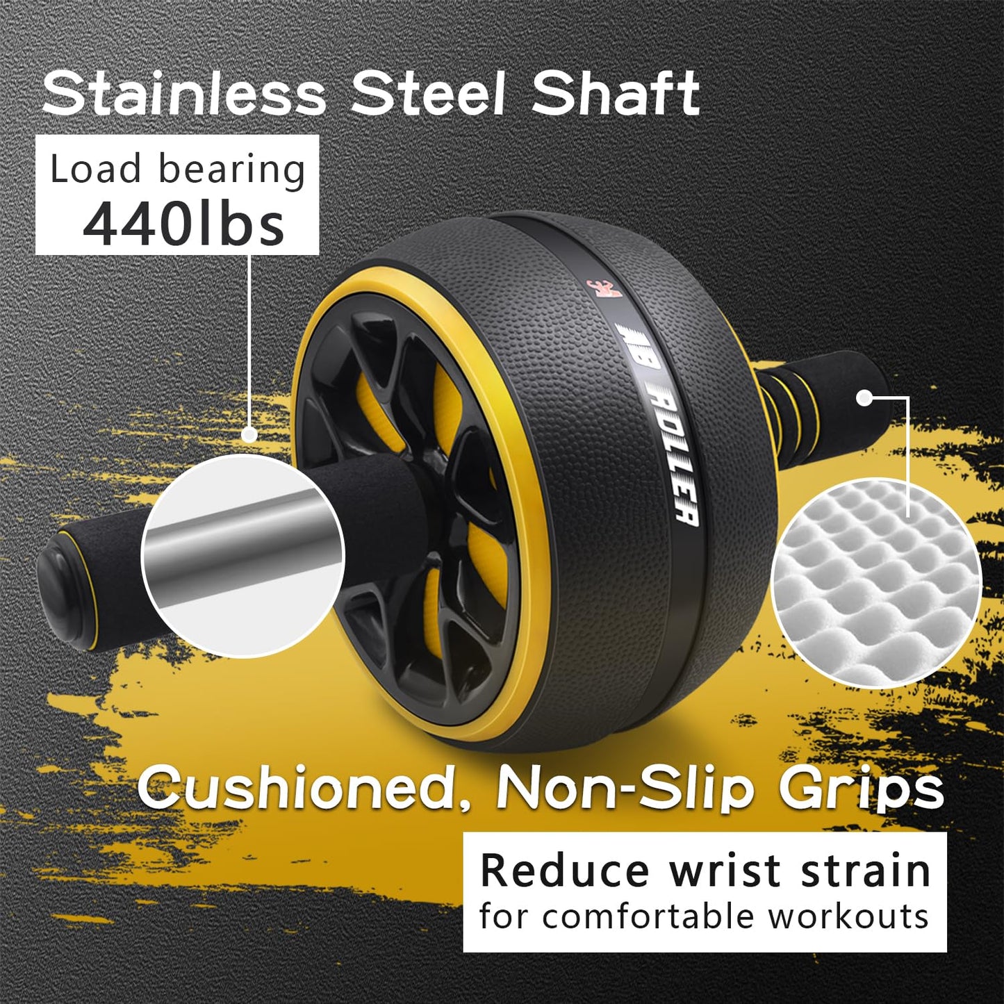 FEELCAT Ab Roller Wheel,Stable Wide Wheel For Beginner,Men,Women,Abs & Core Workout Equipment For Home Gym With Knee Pad,Abdominal Wheel For Full-Body Strength Training (Yellow curved wheel)