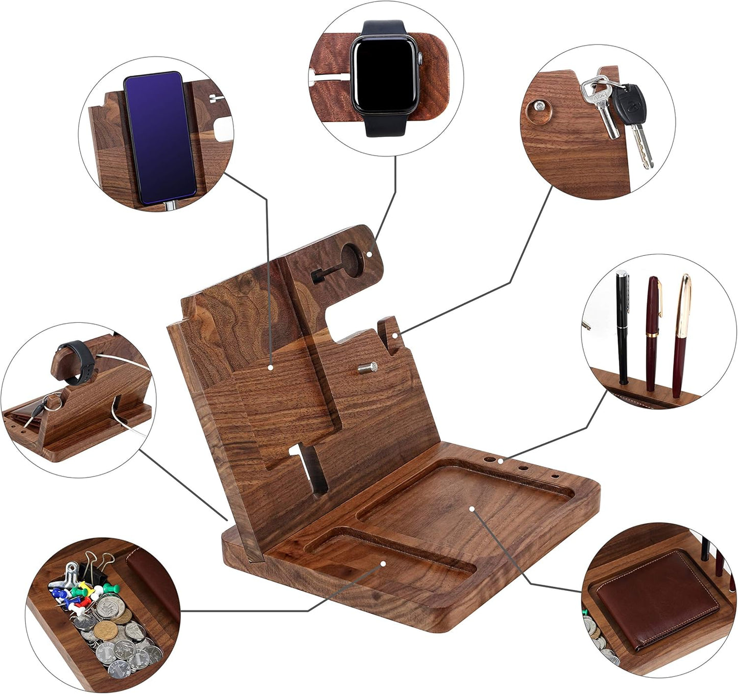 awofer Gifts for Men - Ebony Wood Phone Docking Station - Nightstand with Key Holder, Wallet Stand and Watch Organizer