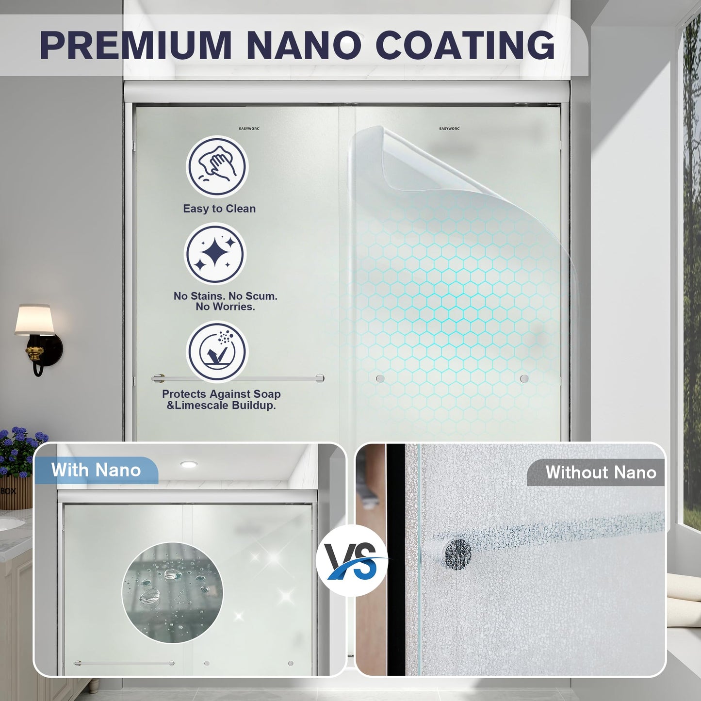 EASYWORC Double Sliding Shower Door, 43"-48" W x 70" H Semi-Frameless Frosted Shower Door, 1/4'' (6mm) Frosted SGCC Tempered Glass with Nano Coating and Explosion-Proof Film, Brushed Nickel