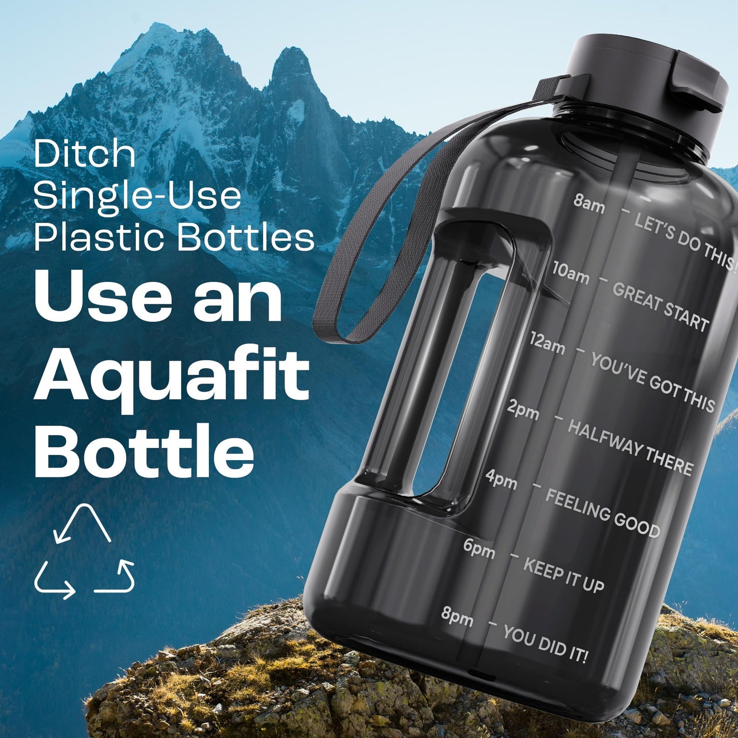 AQUAFIT Half Gallon Water Bottle with Time Marker - Straw & Chug Lid - BPA Free Gym Water Bottle with Straw - Big Gallon Jug (Blue, 64 oz - 2 Lids)