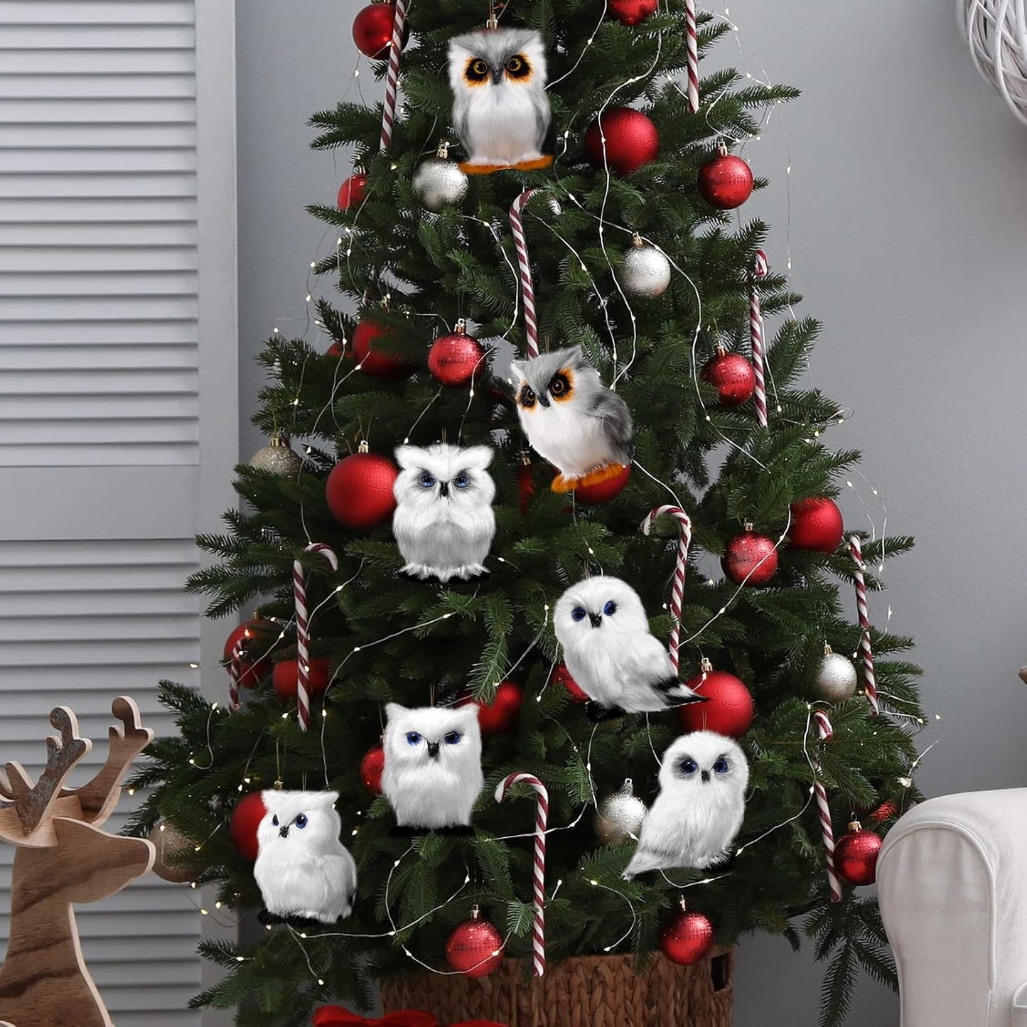 Sratte Christmas Owl Ornament - Cute Furry Hanging Decorations for Tree | 12 Pcs White Set