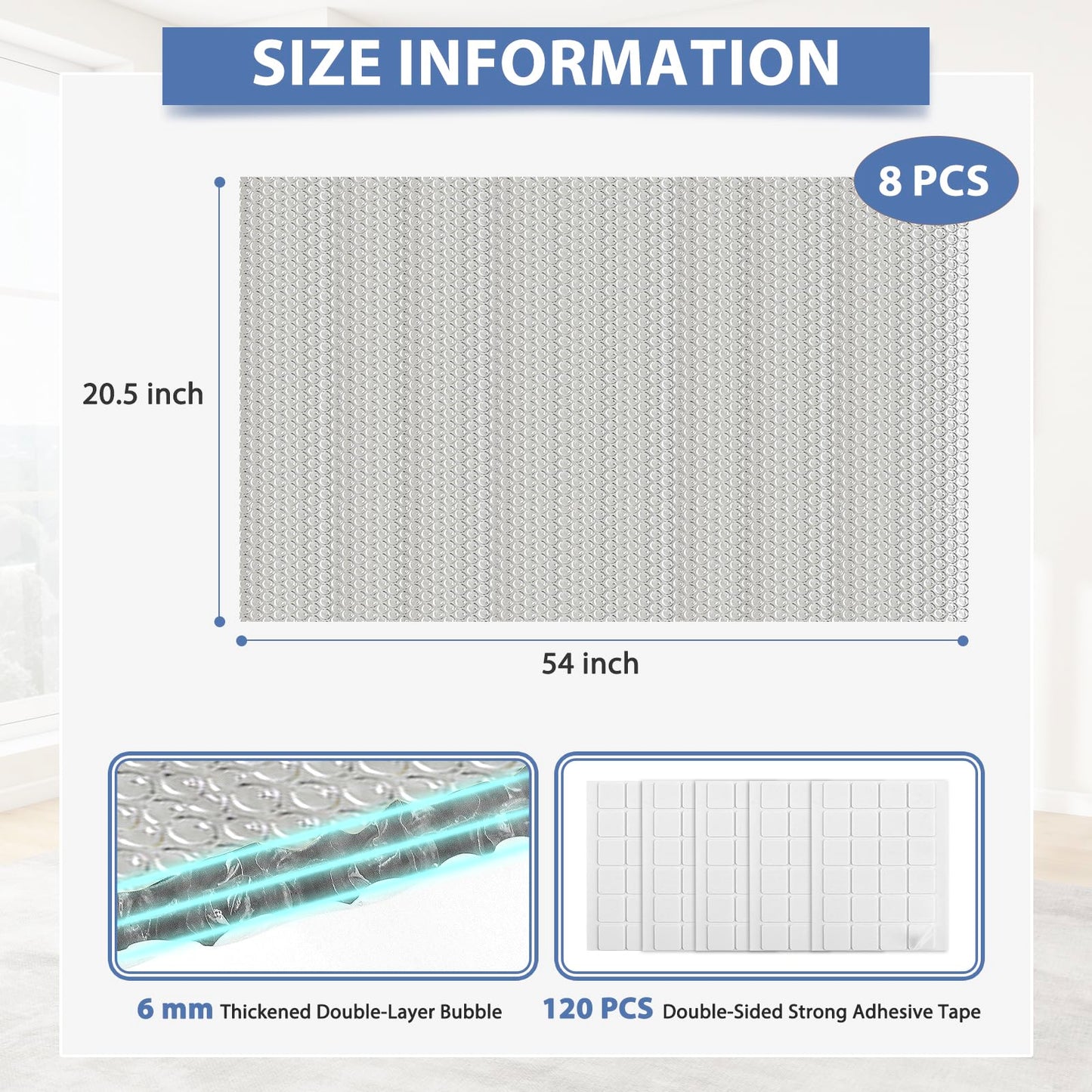 Reflective Bubble Insulation Sheet 6MM Thick Double Bubble Aluminum Foil Shield Garage Door Insulation Panels Kit Radiant Barrier for Windows RV Roof Attic Wall (20.5IN X 54IN, 8 PCS)