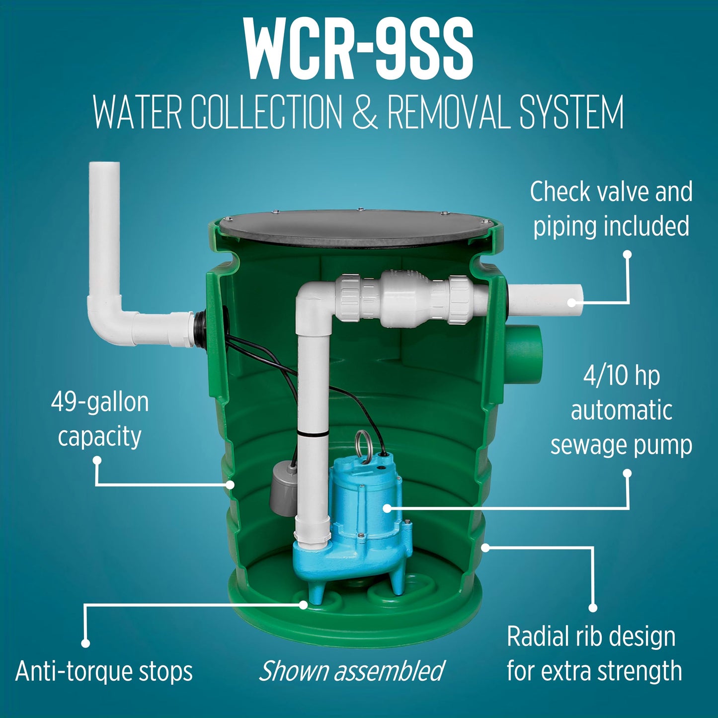 Little Giant WCR-9SS 115 Volt, 4/10 HP, 4800 GPH Automatic Outdoor Water/Seepage Collection and Removal System with Sewage Pump, 20' Piggyback Float Switch, Steel Cover, Green/Blue, 509082