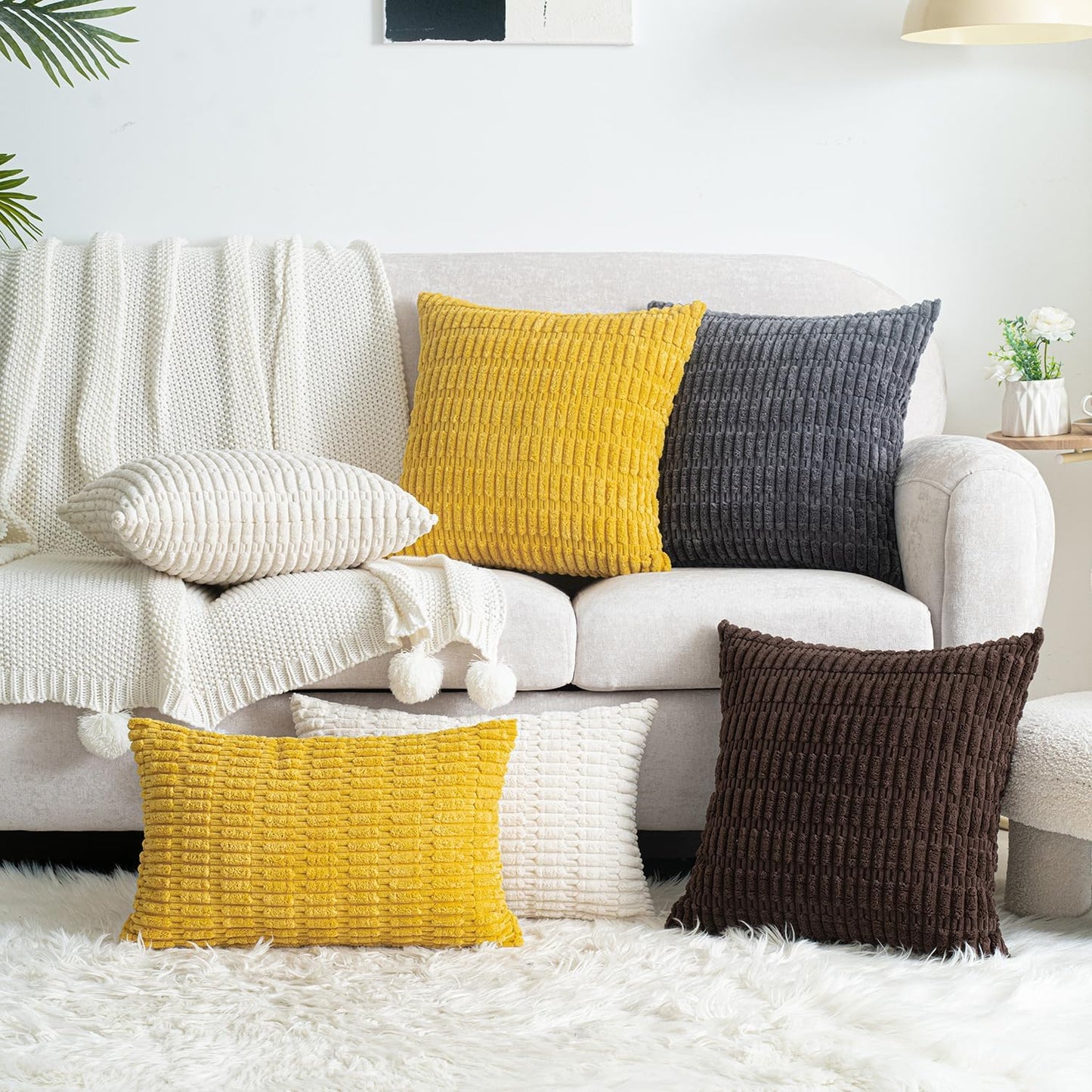 Skiennix Corduroy Throw Pillow Covers - Soft Boho Striped Design | 18x18 Inch Cream White for Modern Home Decor