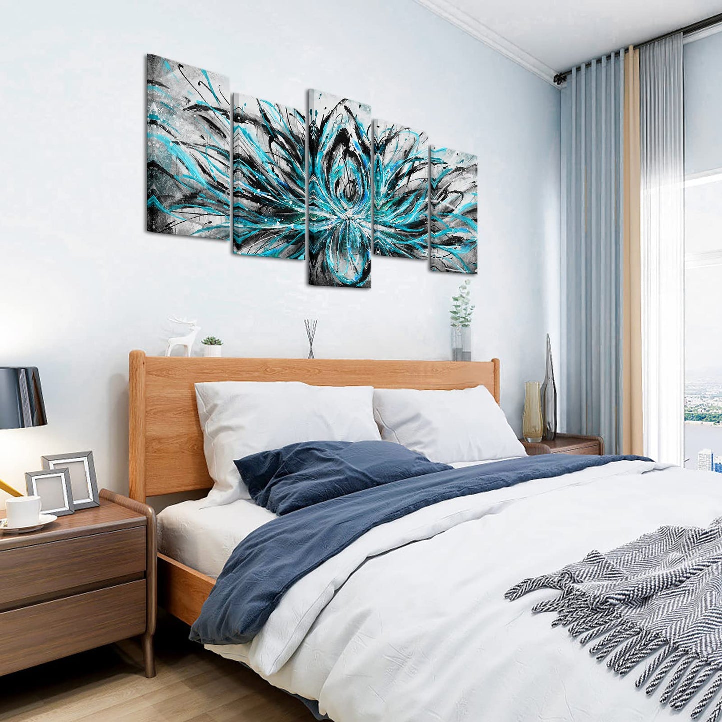 LevvArts Teal and Grey Abstract Canvas Wall Art Turquoise Blue Lotus Flower Painting Prints Artwork for Living Room Bedroom Yoga Room Wall Zen Decoration 60" Wx32 H