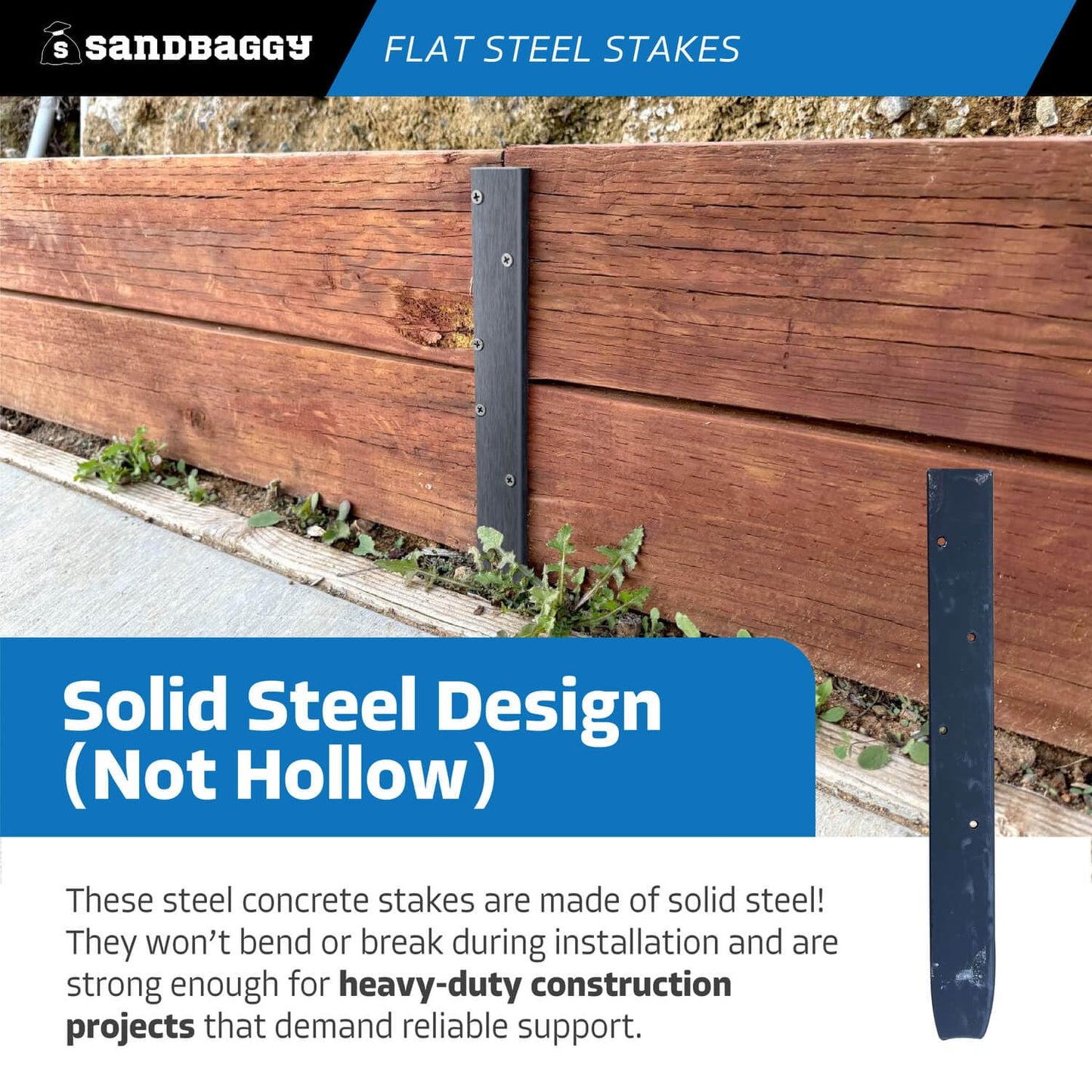 Sandbaggy 12" Flat Steel Stakes for Concrete Forms with Nail Holes - 1.5" Wide - Painted - Removable, Reusable, V Point End - Construction Grade Stakes (50, 12 inch)