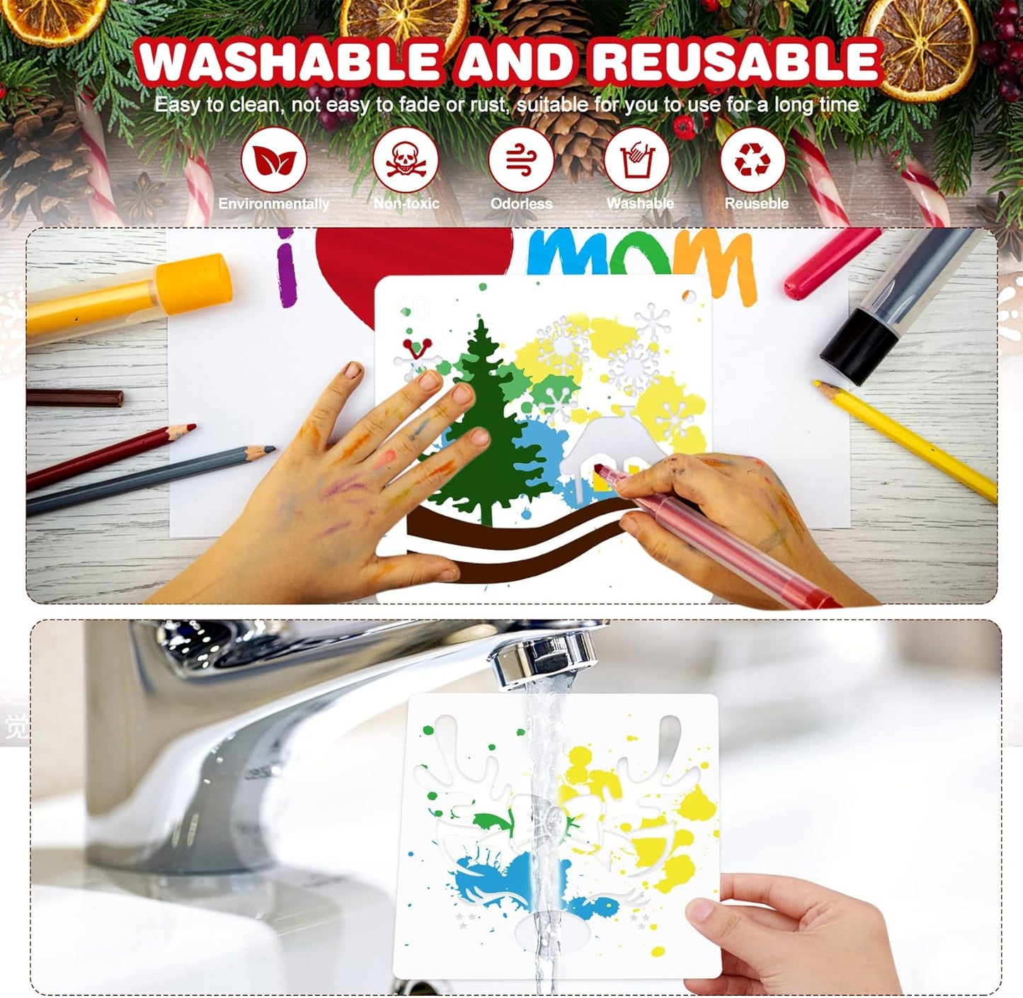Regine Switzerland 25 Pcs Christmas Stencils - Reusable 6x6 Inch Templates for DIY Crafts & Decorations