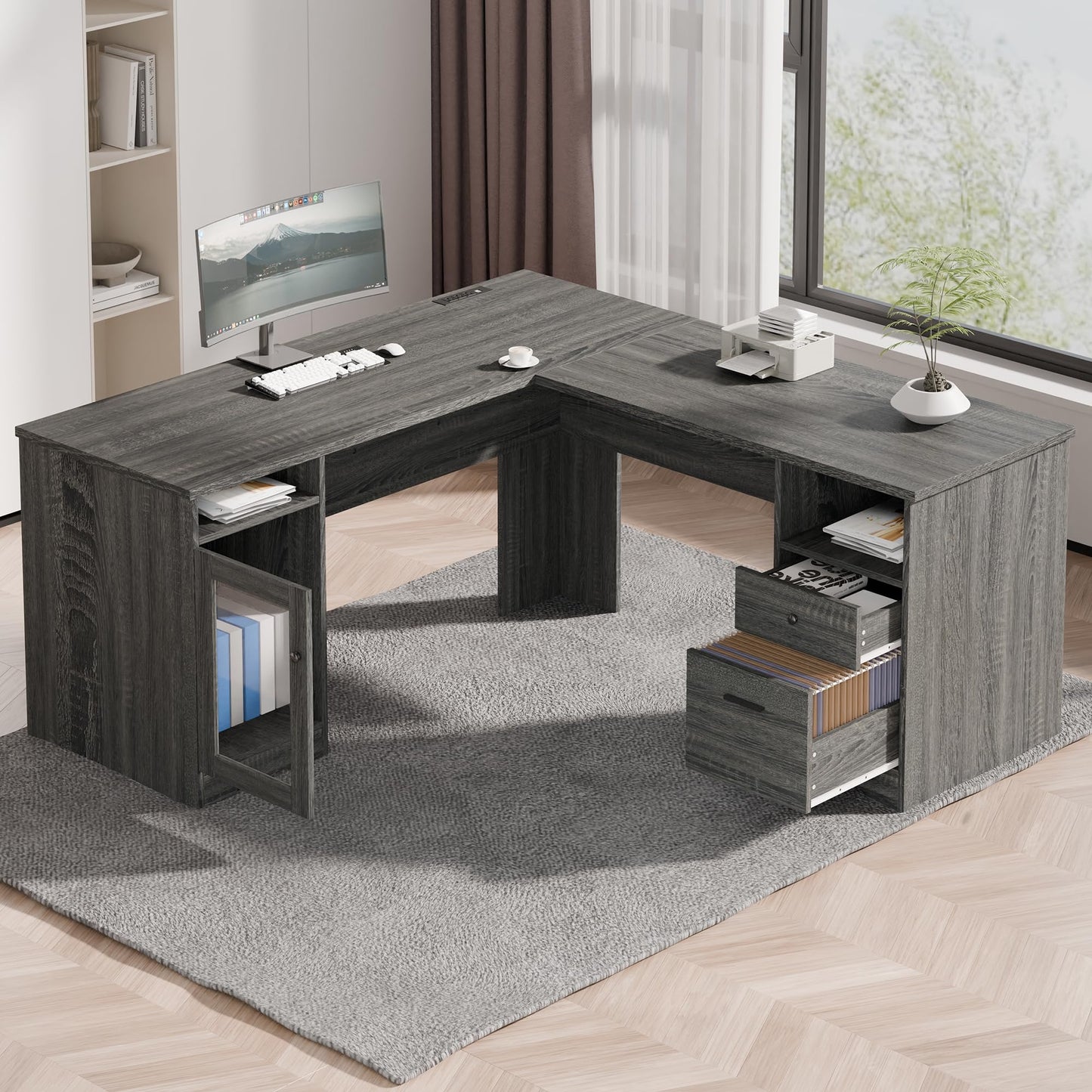 MU L Shaped Desk with File Cabinet, Corner Computer Desk with Storage Drawers, Large Home Office Table with Power Outlets, 60 Inch (Grey)