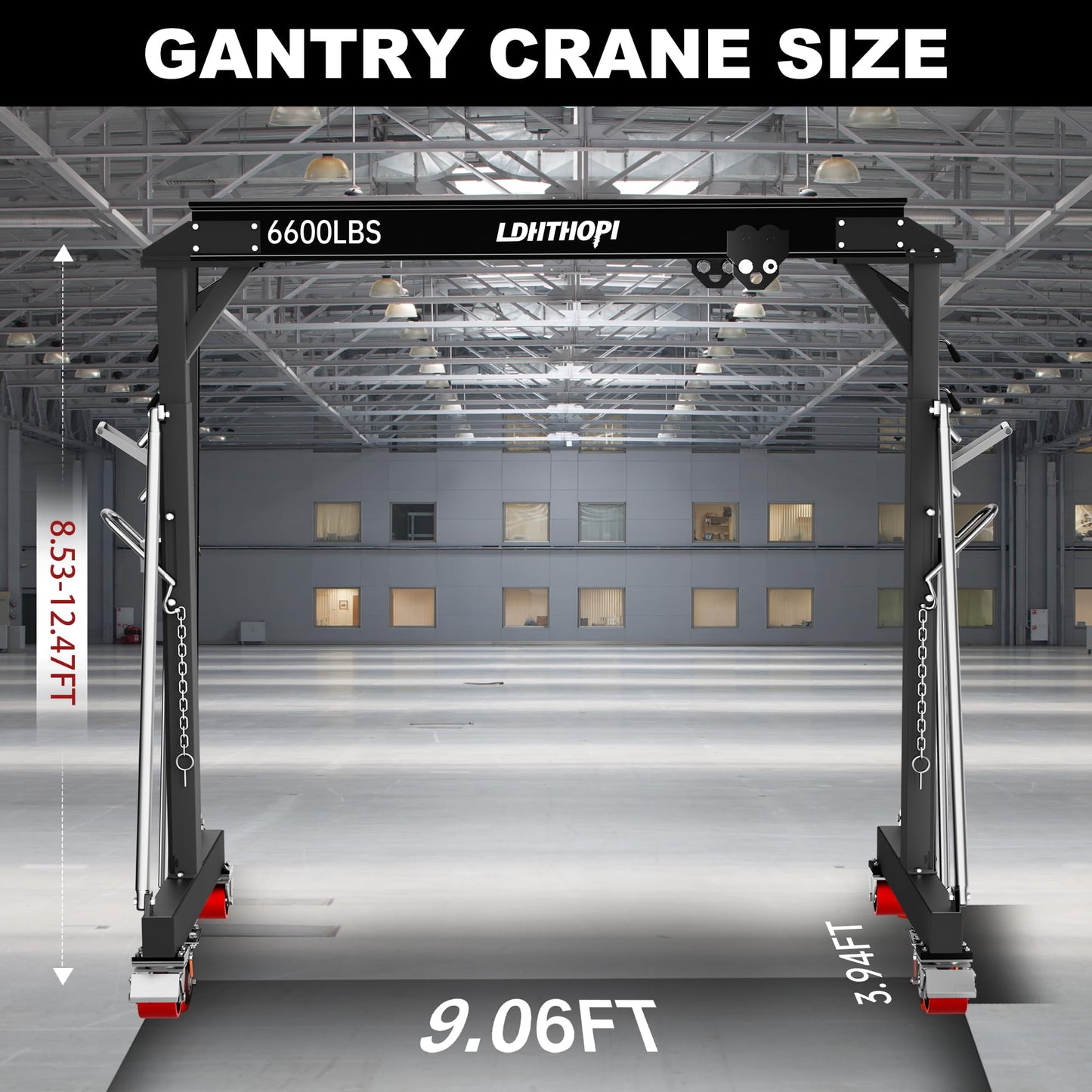 LDHTHOPI 3 Ton Gantry Crane, 6600LBS Adjustable Gantry Crane with 8.53-12.47ft Height, Shop Lift Hoist with Manual Trolley, Hook & Shackles for Warehouse, Factory,Auto Repair & Construction,Black