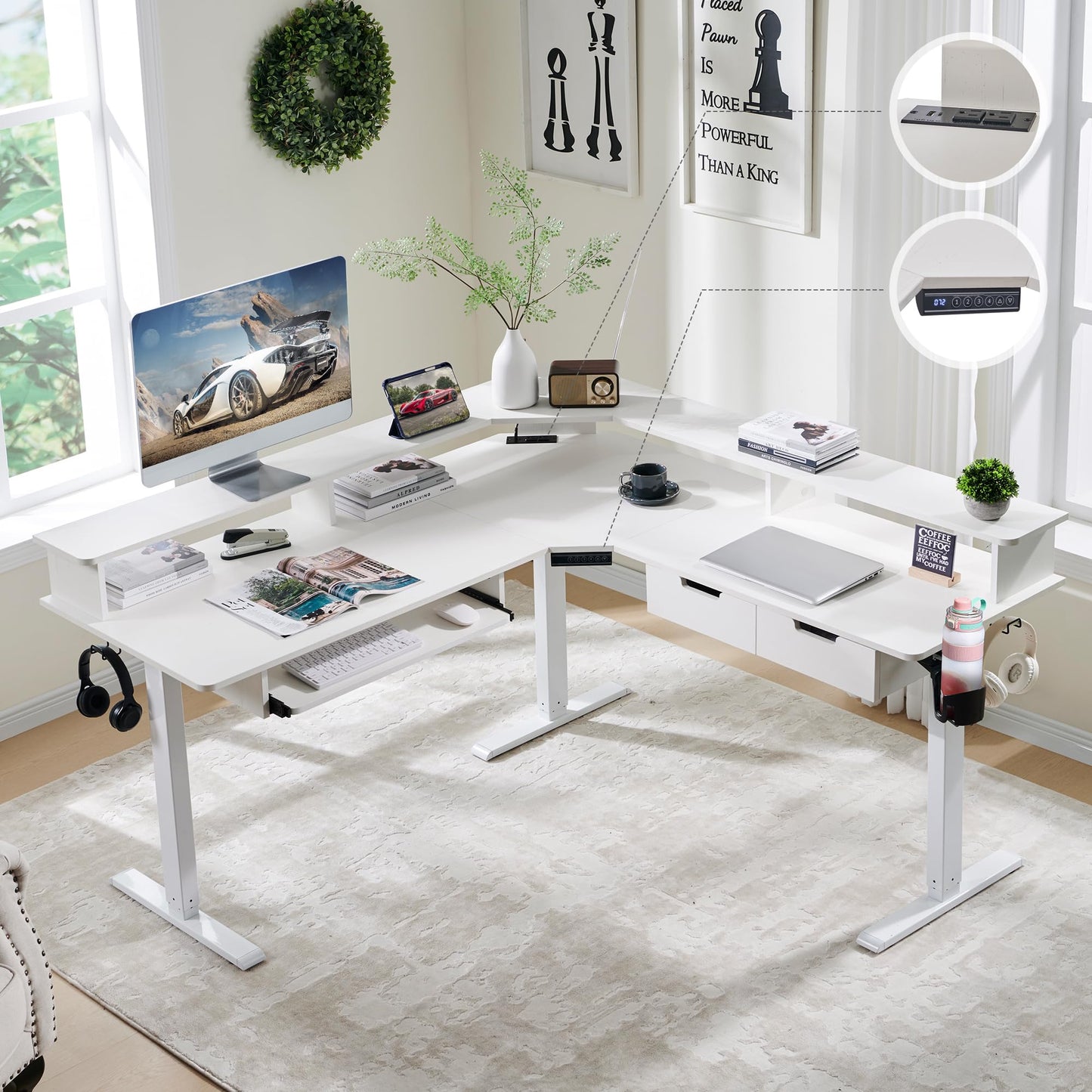 RedLemon 60 Inches L Shaped Electric Standing Desk, Height Adjustable Corner Gaming Desk with Drawers, Keyboard Tray, Power Outlets & LED Lights, Computer Desk with Monitor Shelf, Antique White