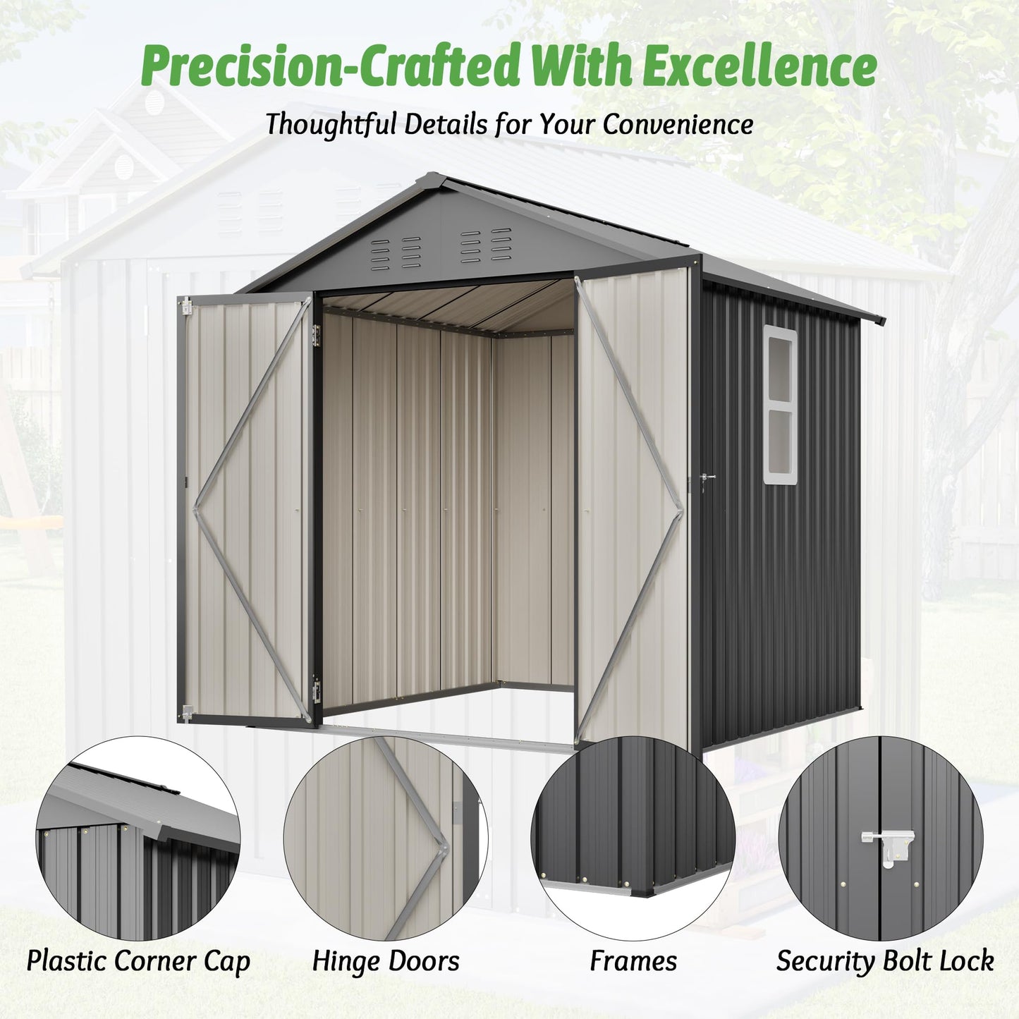 6x6 FT Outdoor Storage Shed with Lockable Doors & Sloping Roof & Clear Window, Galvanized Steel Metal Garden Tool Shed for Backyard, Patio, Poolside