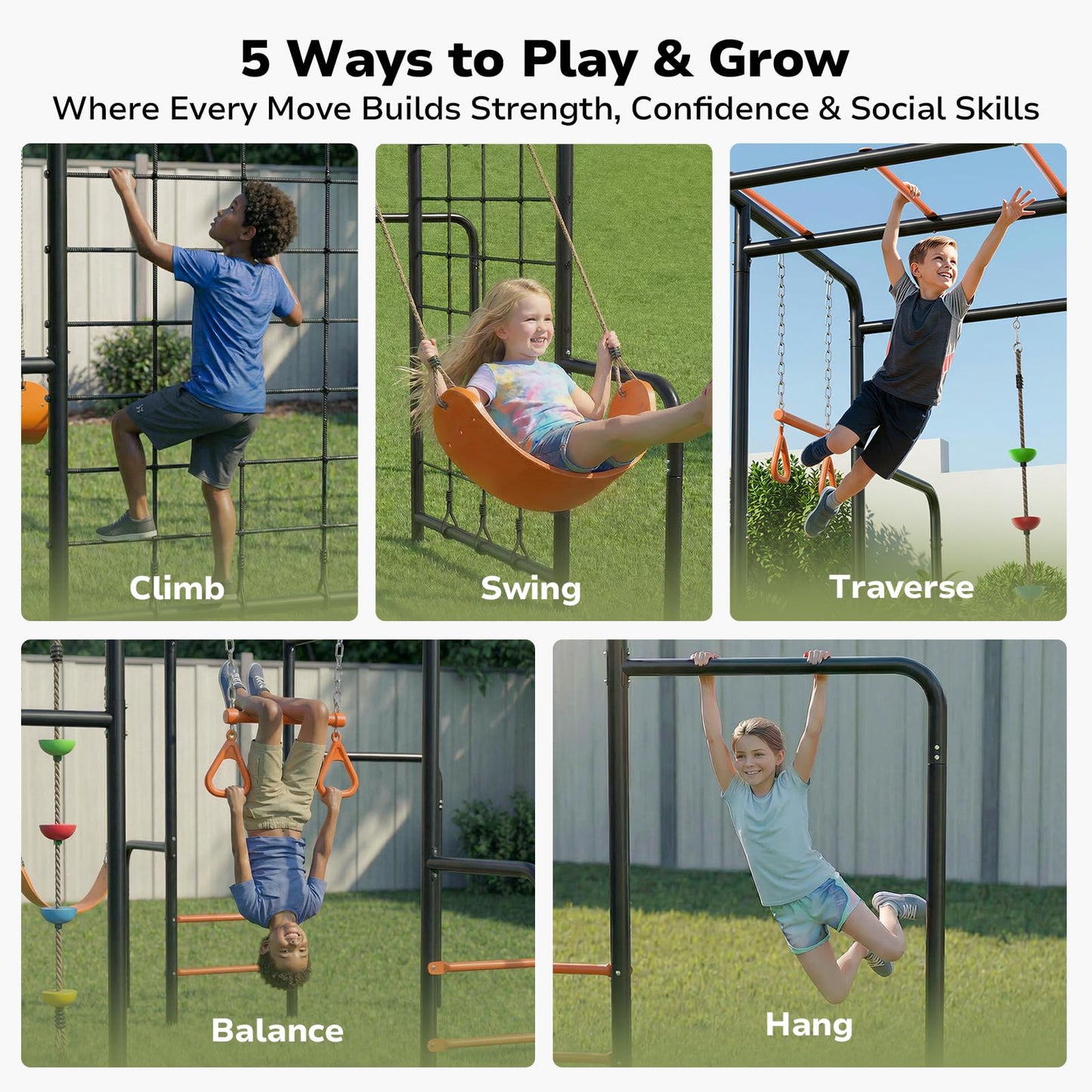 Hapfan Outdoor Jungle Gym with Monkey Bars Frame, 5-in-1 550lbs Heavy-Duty Metal Swing Sets for Backyard with Climbing Net & Rope, Trapeze Swing Bar, Belt Swing, Gymnastics Bars, Kids Playground Set