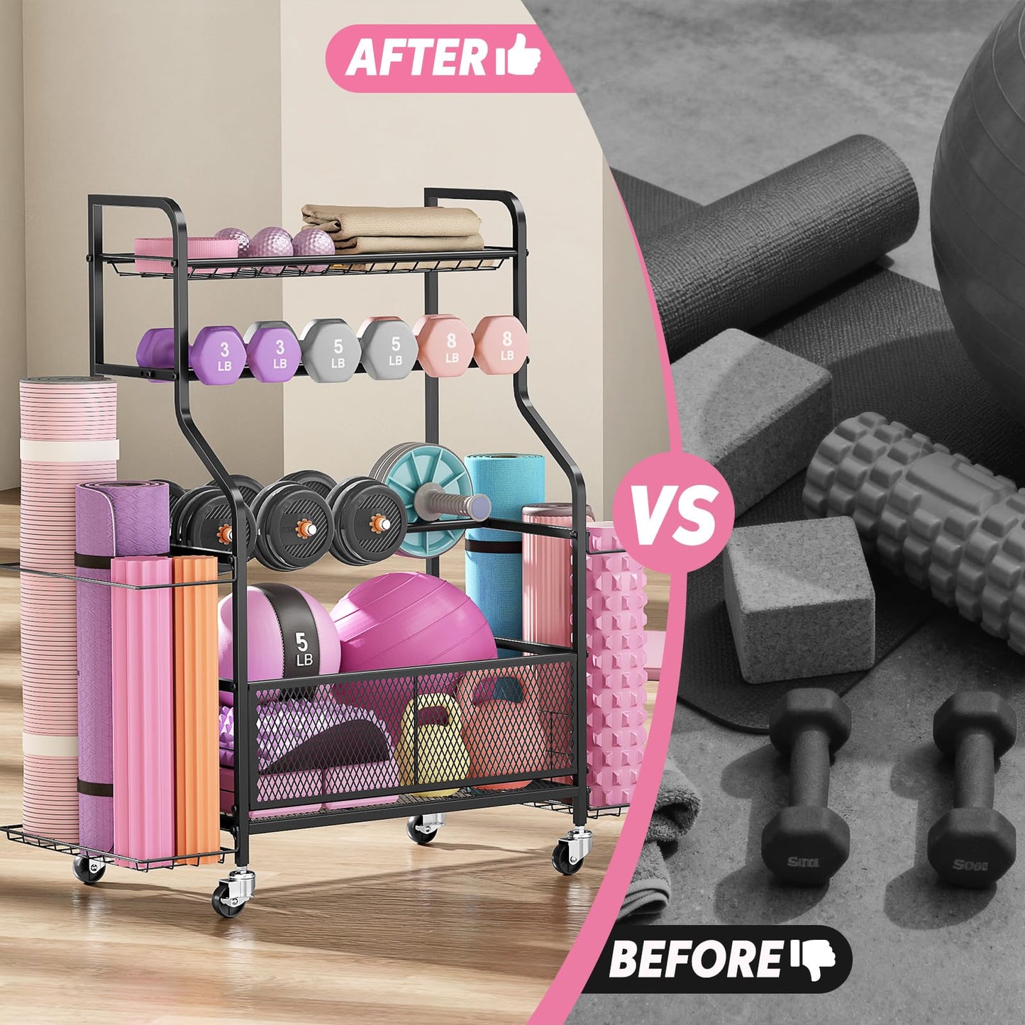 Dumbbell Rack with Wheels, Weight Rack for Dumbbells, Home Gym Storage Organizer for Kettlebells, Yoga Mats, Balls & Workout Equipment, Heavy Duty Steel Gym Storage Rack with Hooks, Black
