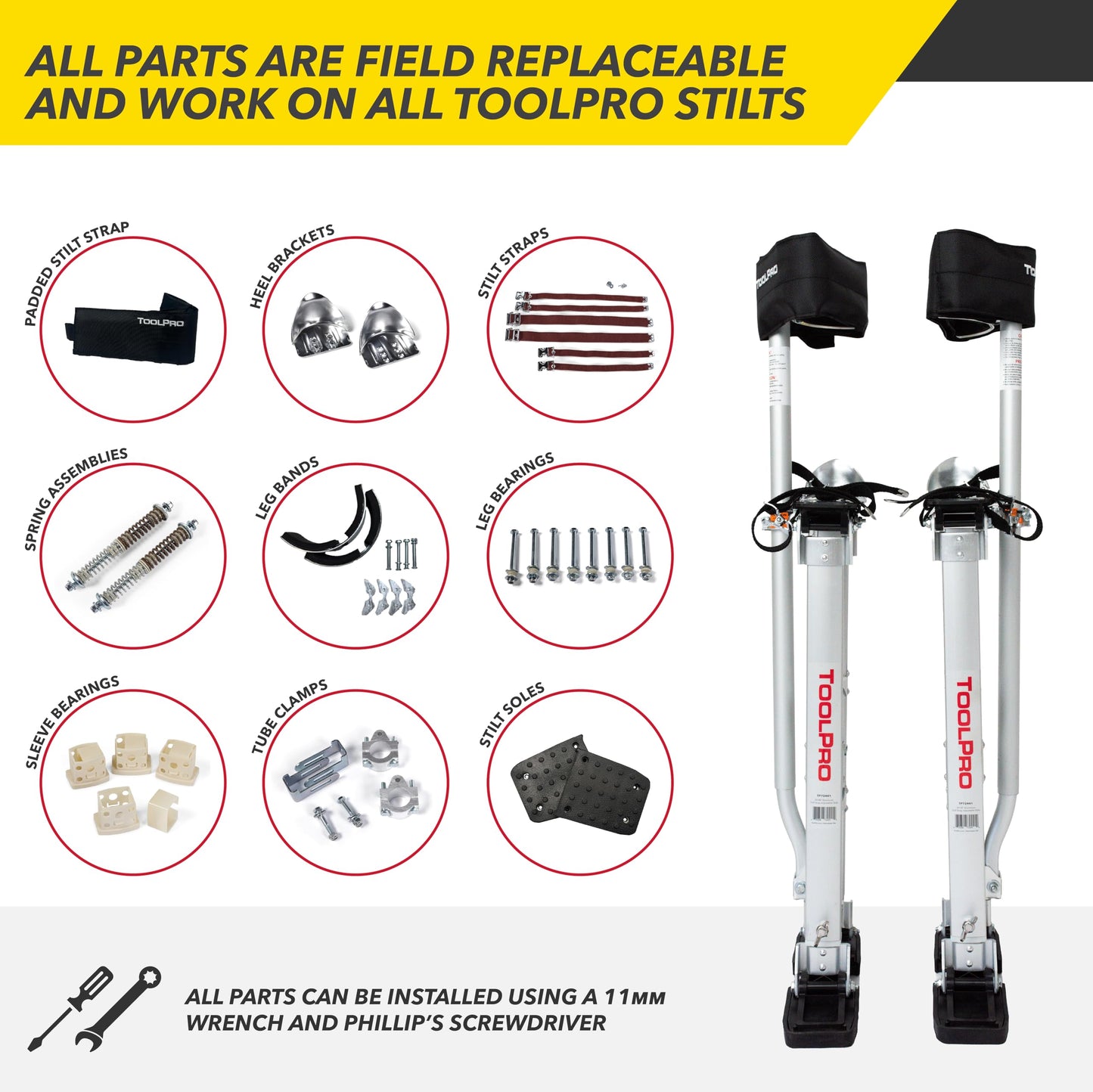 ToolPro Professional Grade Adjustable Drywall Stilts - for Drywall Installation, Painting, and More. Soft Strap Bands to Reduce Soreness and Smoother use (24-40 in., Aluminum)