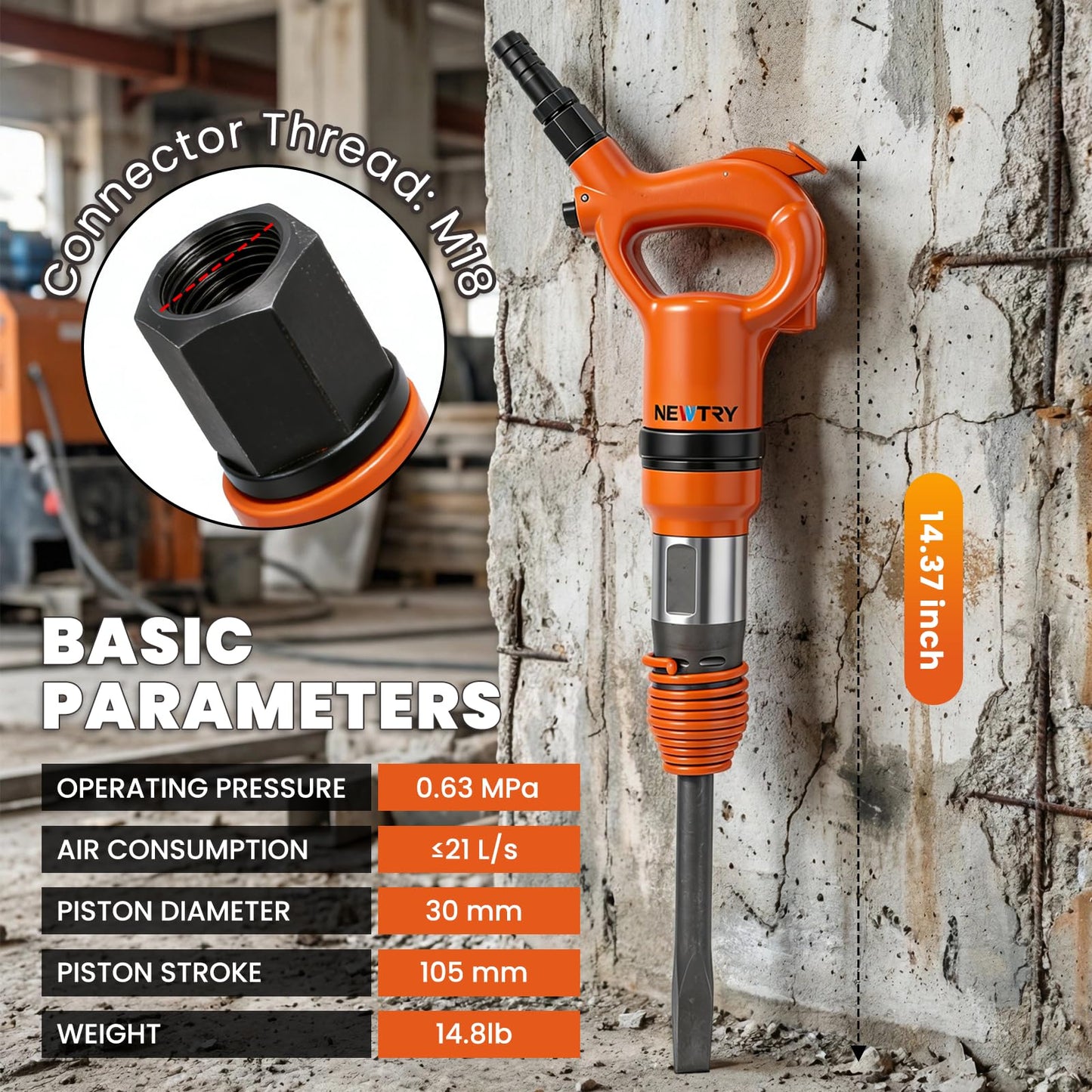 NEWTRY 21L/S Air Hammer 14J Pneumatic Hammer Shovel Heavy-Duty Air Chisel with 12” Hammer Chisel Attachment for Concrete Breaking & Rust Cleaning