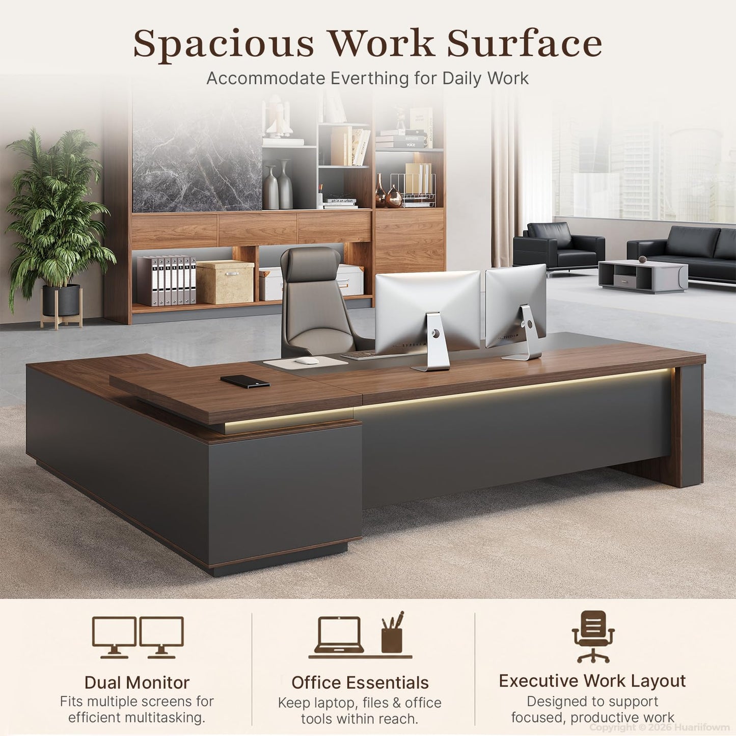 Huariifowm 63" Reversible L-Shaped Executive Desk with Locking Drawers, Compact Office Desk for Home & Manager Office, Power Outlet, USB Ports, Storage Shelves, Privacy Panel & LED Light, Walnut Gray