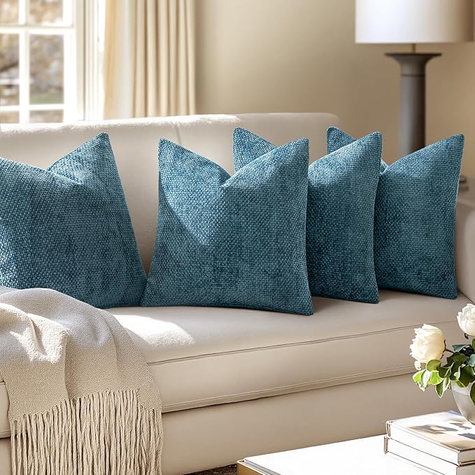 MIULEE Pack of 4 Couch Throw Pillow Covers 18x18 Inch Smoke Blue Soft Decorative Chenille Pillow Covers Farmhouse Accent Cushion Covers for Boho Spring Home Decor Sofa Bedroom Living Room