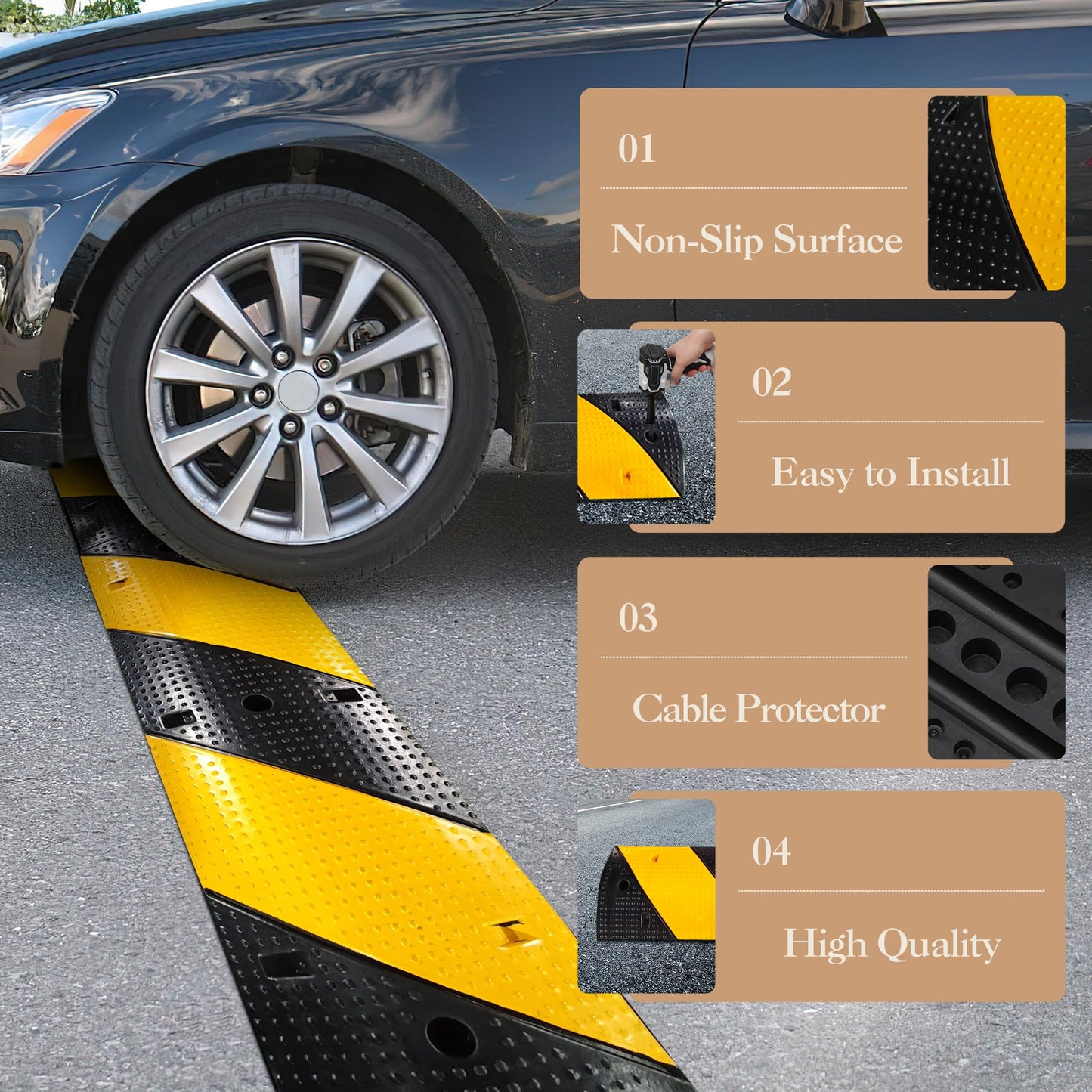 2-Pack 6FT Heavy Duty Speed Bumps – 25,000Lb Capacity Recycled Rubber Traffic Calming Humps for Parking Lots, Driveways & Garages – Weatherproof with Cable Protection Channels