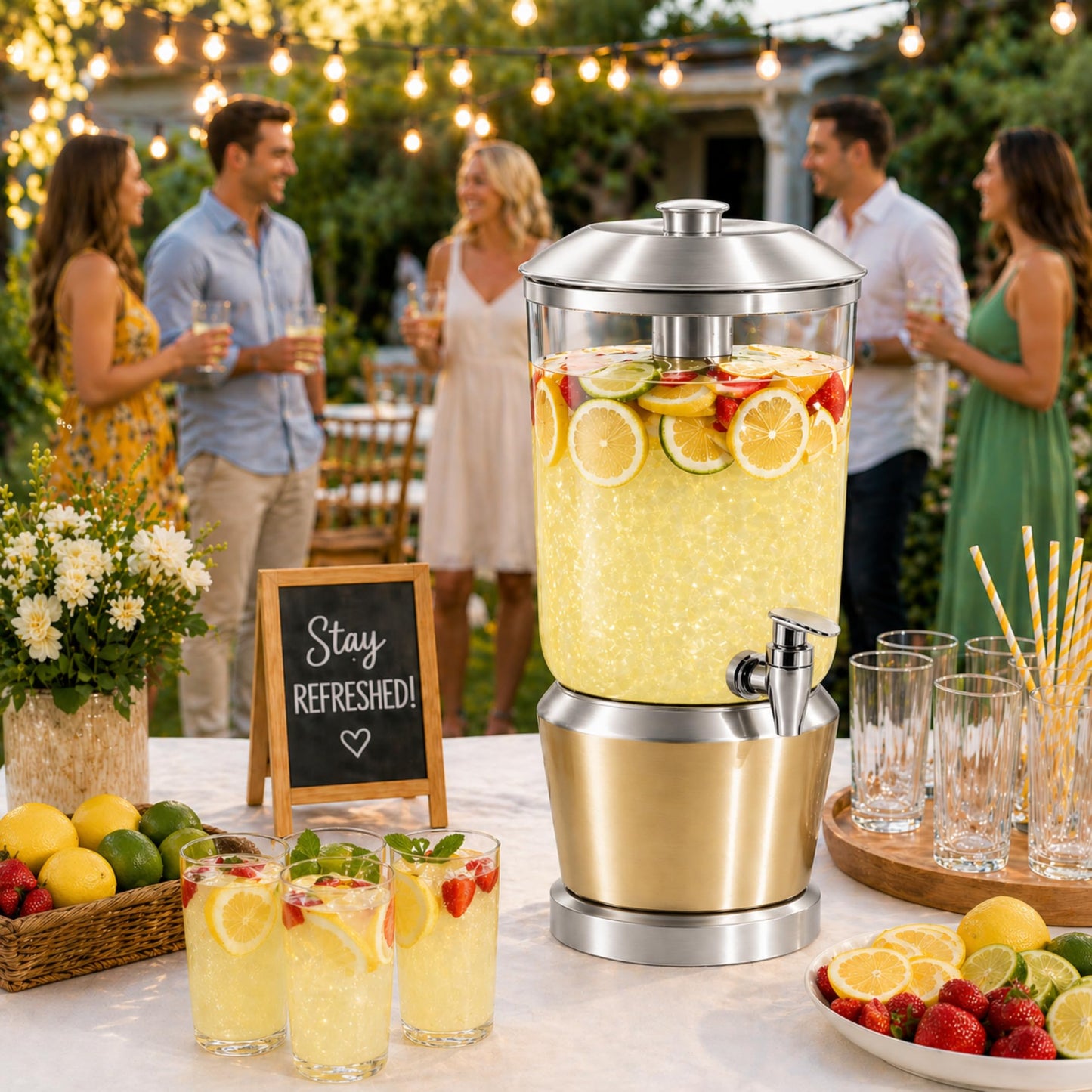 Drink Dispenser with Ice Chambers, Lemonade Tea Water Dispenser with Spigot, Stainless Steel Beverage Jar Jug, Perfect for Home Parties, Weddings, Gifts & Events (Silver, 3, Gallons)