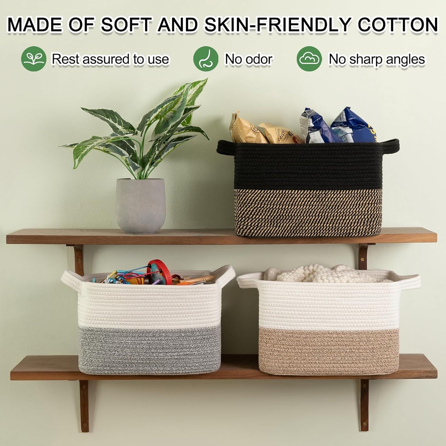 OIAHOMY Woven Storage Basket - Rectangle Cotton Rope Organizer for Toys, Towels & Books | 13 x 10 x 9 in, Black & Brown
