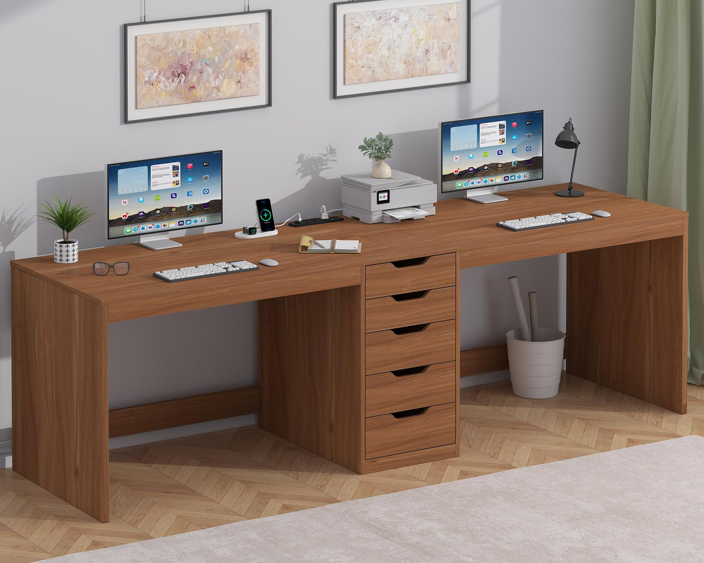 YOMILUVE 2 Person Desk with 5 Drawers and Power Outlets, 78.7 Inch Long Computer Desk with Storage File Cabinet, Two Person Home Office Double Desk with Storage, Brown