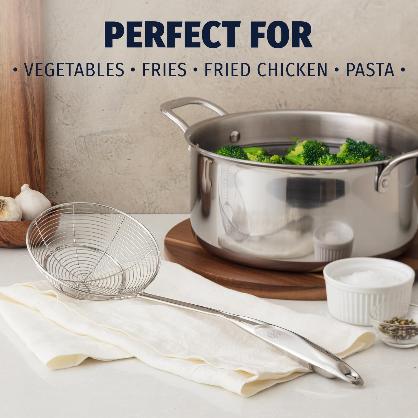 Zulay Kitchen Premium Stainless Steel Skimmer Strainer Ladle - 15” Large Straining Spoon for Frying, Boiling & Blanching - Durable, Rust-Resistant & Heat-Proof Kitchen Tool for Everyday Use