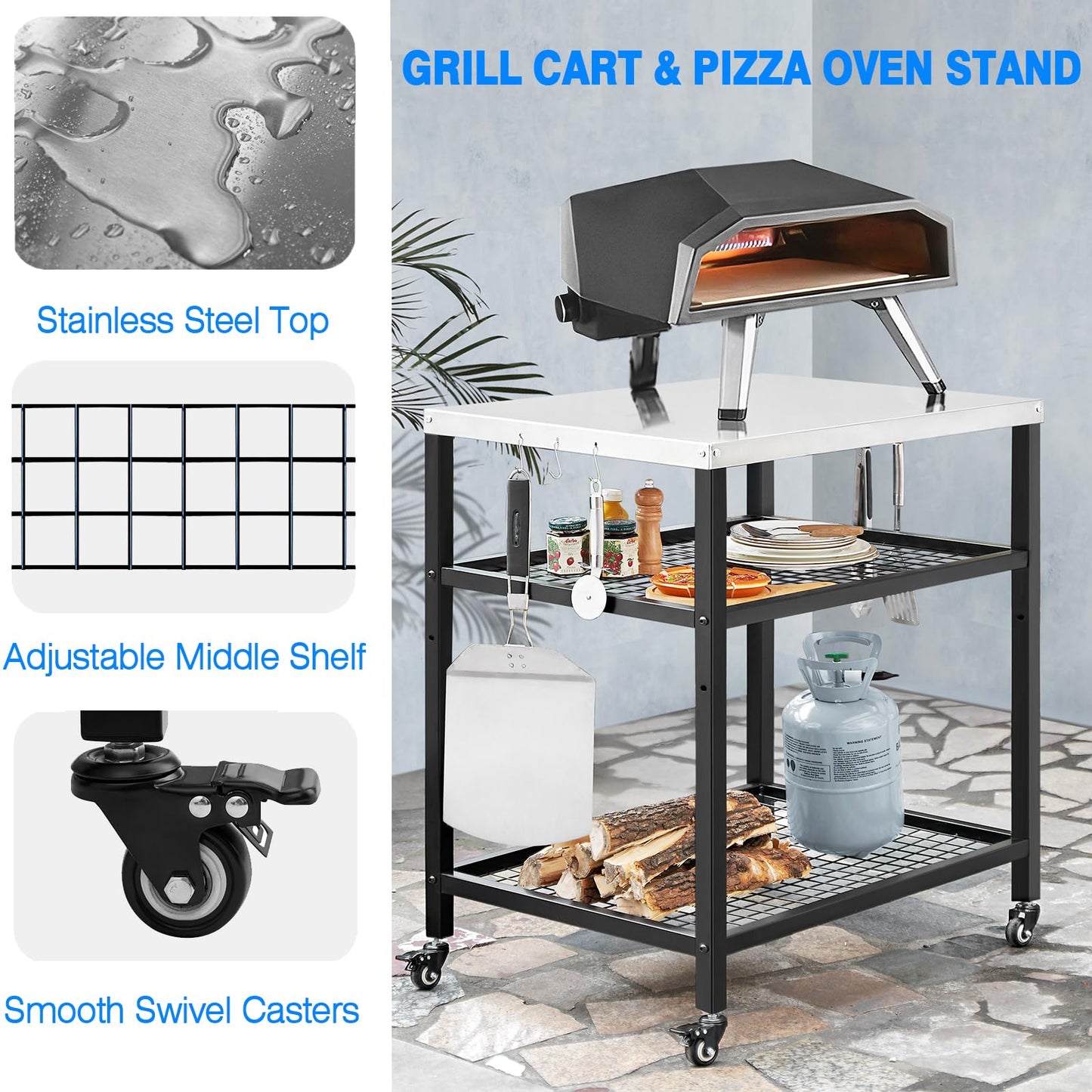 WEASHUME Stainless Steel Outdoor Grill Cart Pizza Oven Stand Trolley Table with Wheels Three-Shelf Movable Food Prep and Work Table Heavy Duty Grill Carts Outdoor Cart 31.5"×24"×35.5"
