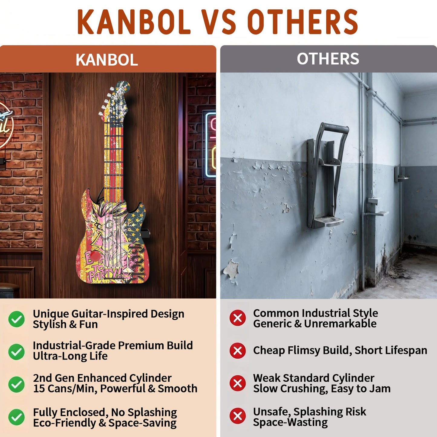 KANBOL 615 Guitar-Style Pneumatic Can Crusher, Fully Enclosed Safety Design, 2nd-Gen Reinforced Air Cylinder, Heavy-Duty Metal Wall-Mounted Can Smasher, Fits for12oz 16oz Cans -BLACK