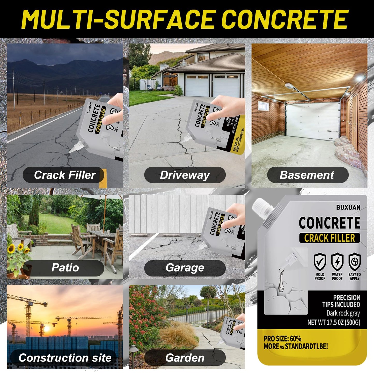 Concrete Crack Filler, Cement Crack Filler Outdoor, Waterproof Repair Sealant, Quick-Drying Sealing Adhesive, for Driveway, Walkway, Patio, Joint (3)