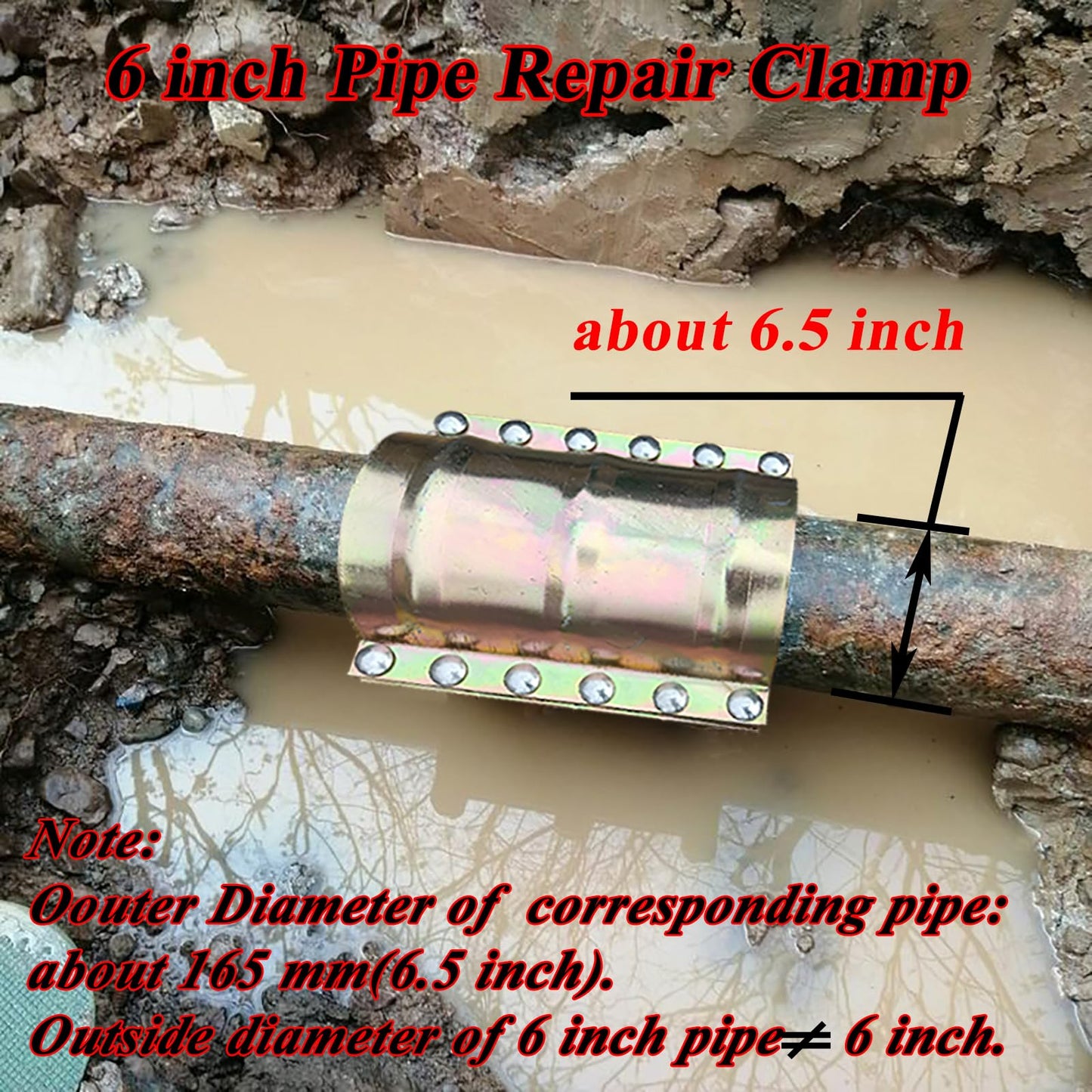 Water Pipe Repair Clamp for 6 inch Pipe(OD of The Applicable Pipe is About 6.5 inch),Leak Sealer for Pipes and Plumbing,Length 11.6 inch,Suitable for PE,PPR,Iron and Steel Pipes