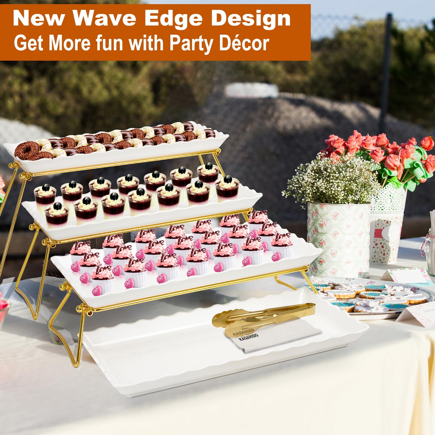 KAQAHIDO Large Non Slip Serving Tray with Handles and 34x22x10 inch Wave Edge 4 Tier Serving Tray for Party Buffet Entertaining
