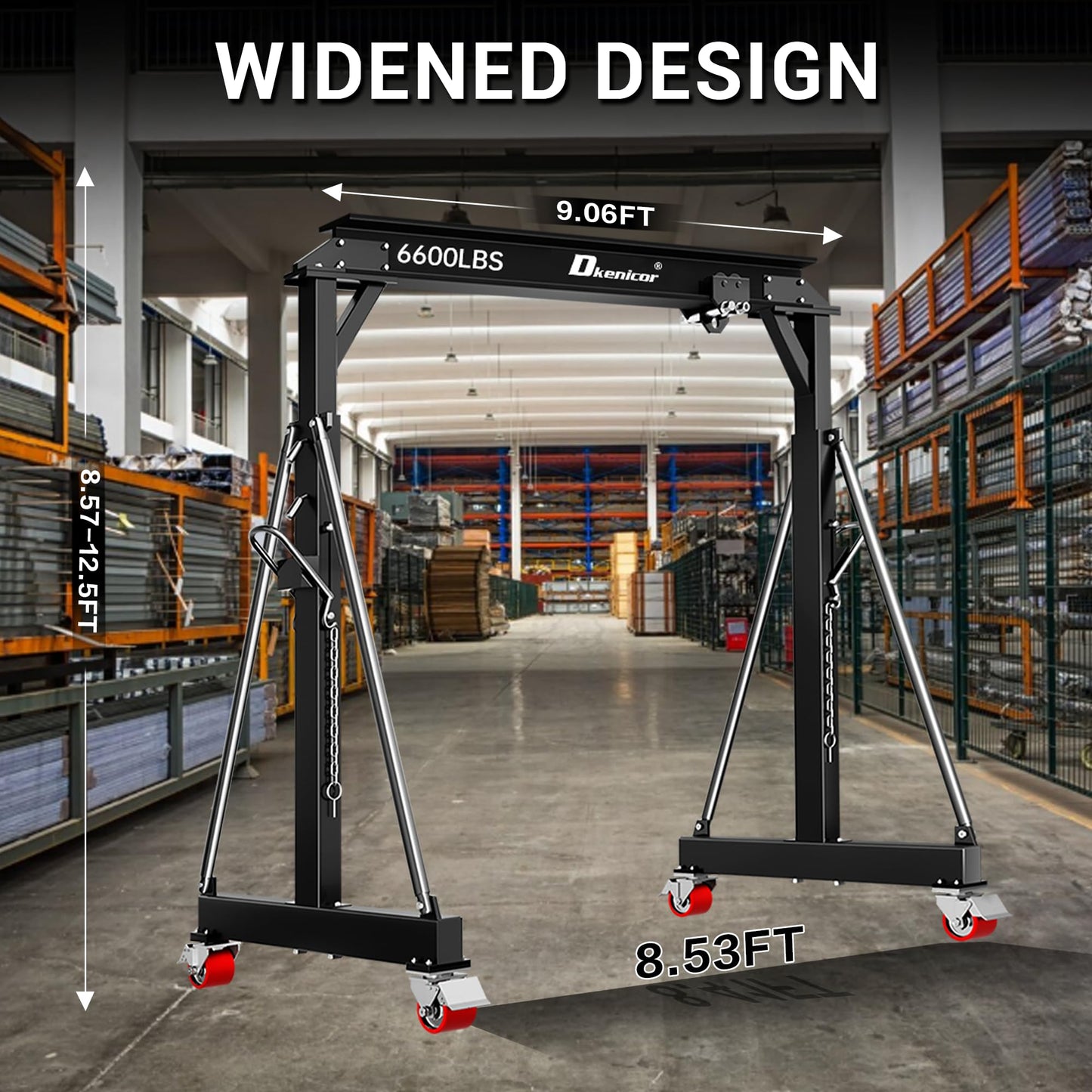 3 Ton 6600LBS Gantry Crane, Adjustable Height 8.53 to 12.47ft, Steel I-Beam Construction Portable Shop Hoist for Factories, Warehouses, Auto Repair, Construction Site, Black